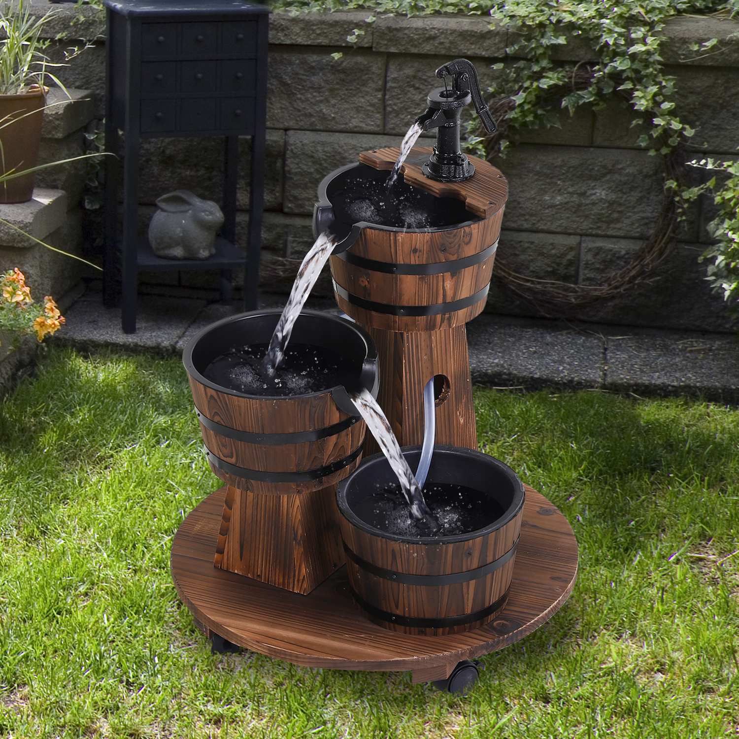 Träkaskadfontän med pump, förkolad gran, 60x60x78 cm