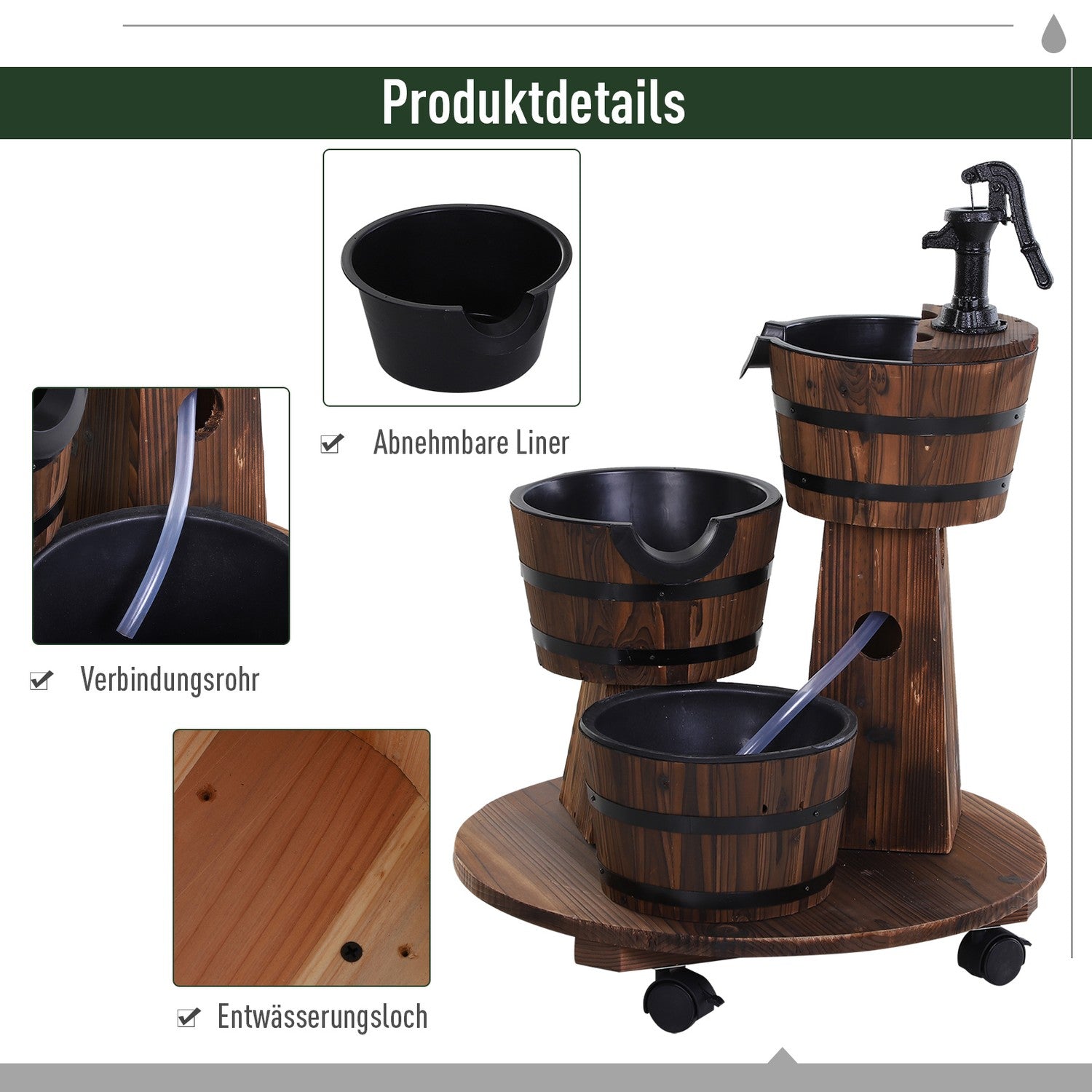 Träkaskadfontän med pump, förkolad gran, 60x60x78 cm