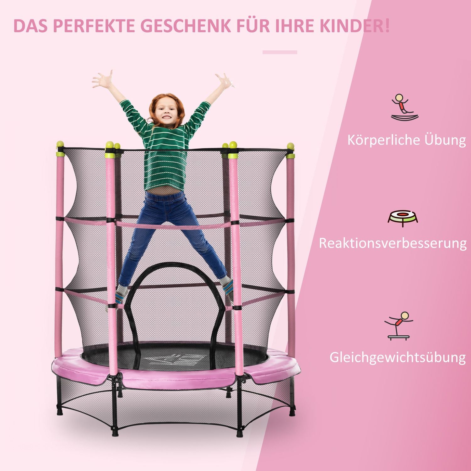 Träningsstudsmatta för barn med skyddsnät, rosa, 45 kg-gräns