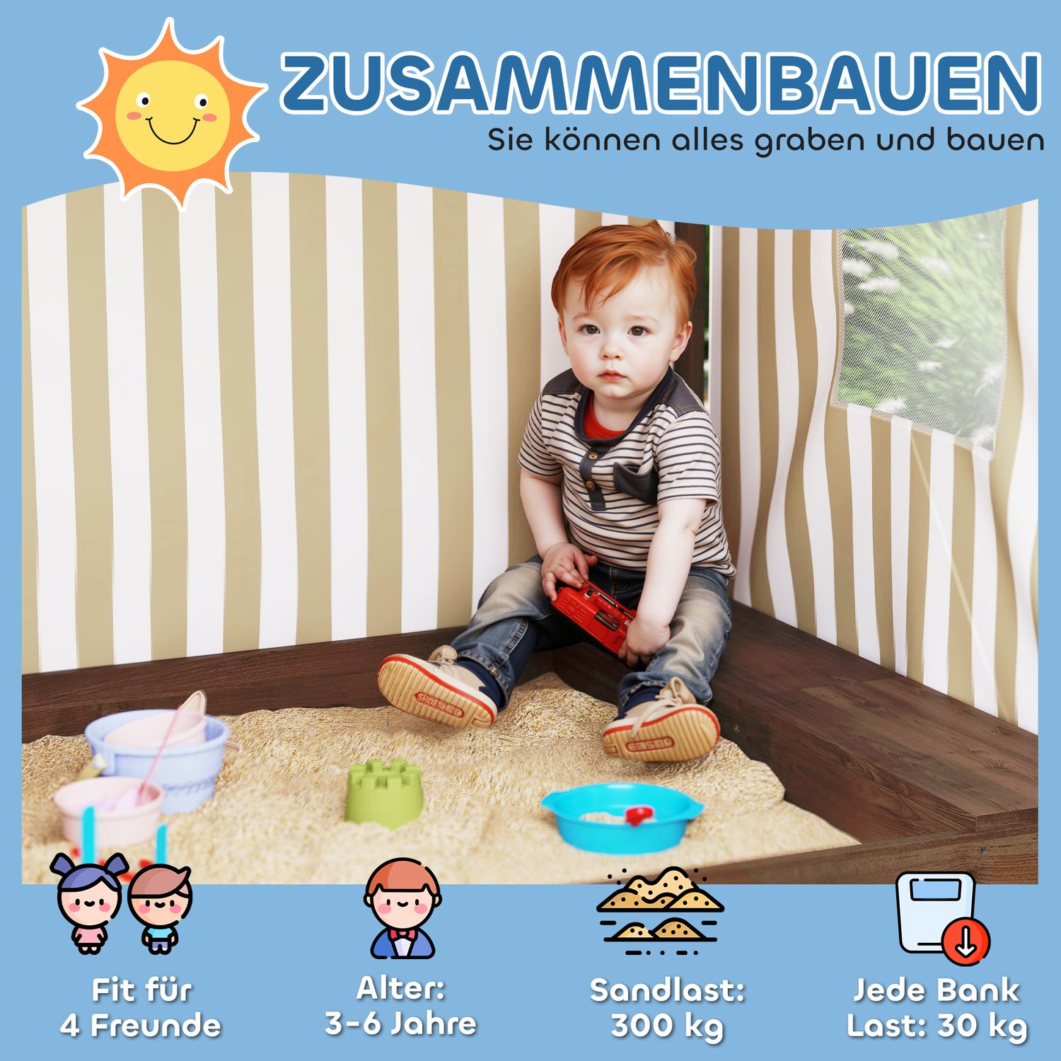 Dřevěné pískoviště s lavicí a úložným prostorem, 142 x 101,5 cm