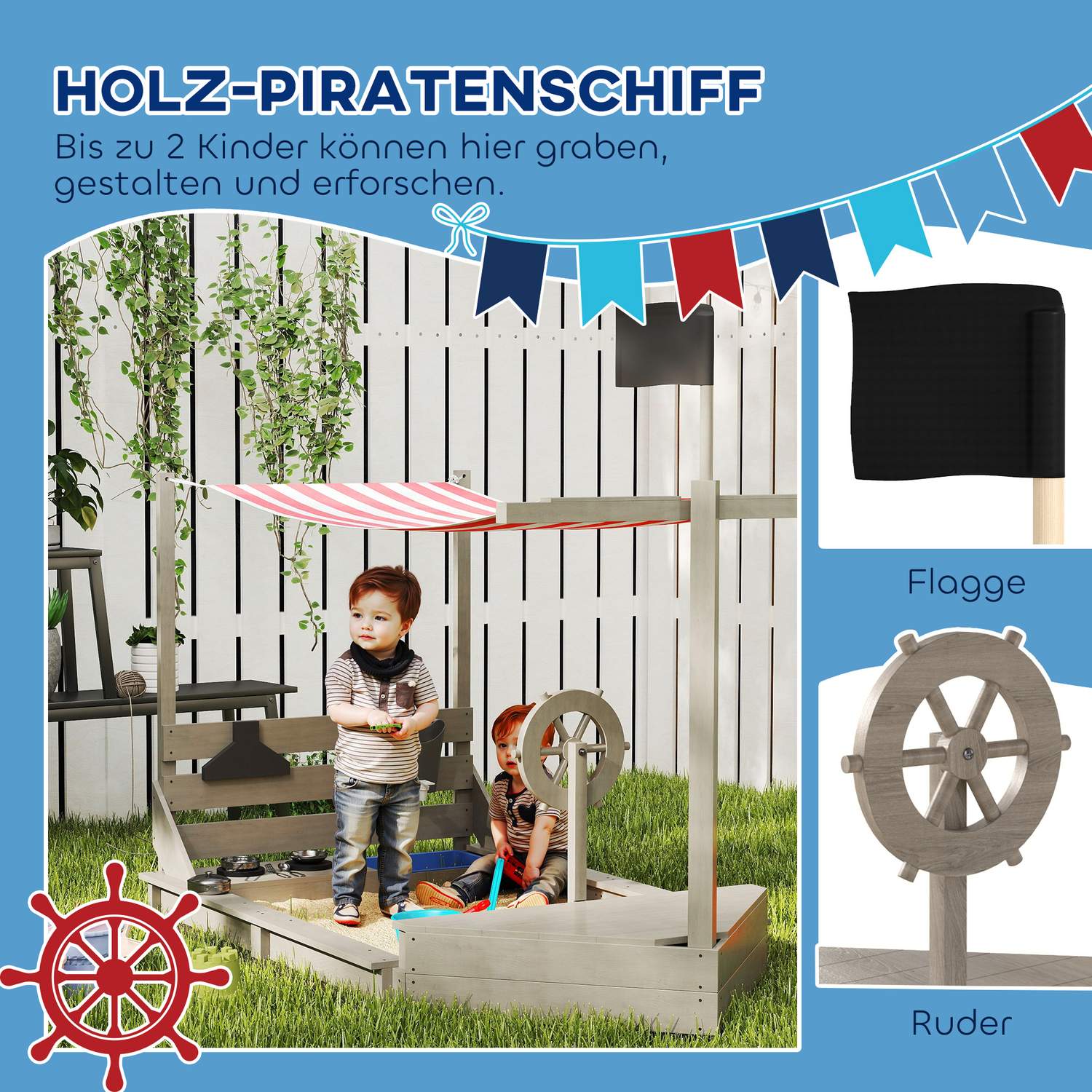 Träskeppslekstuga Sandlåda med lock – 180 x 103 x 144,5 cm
