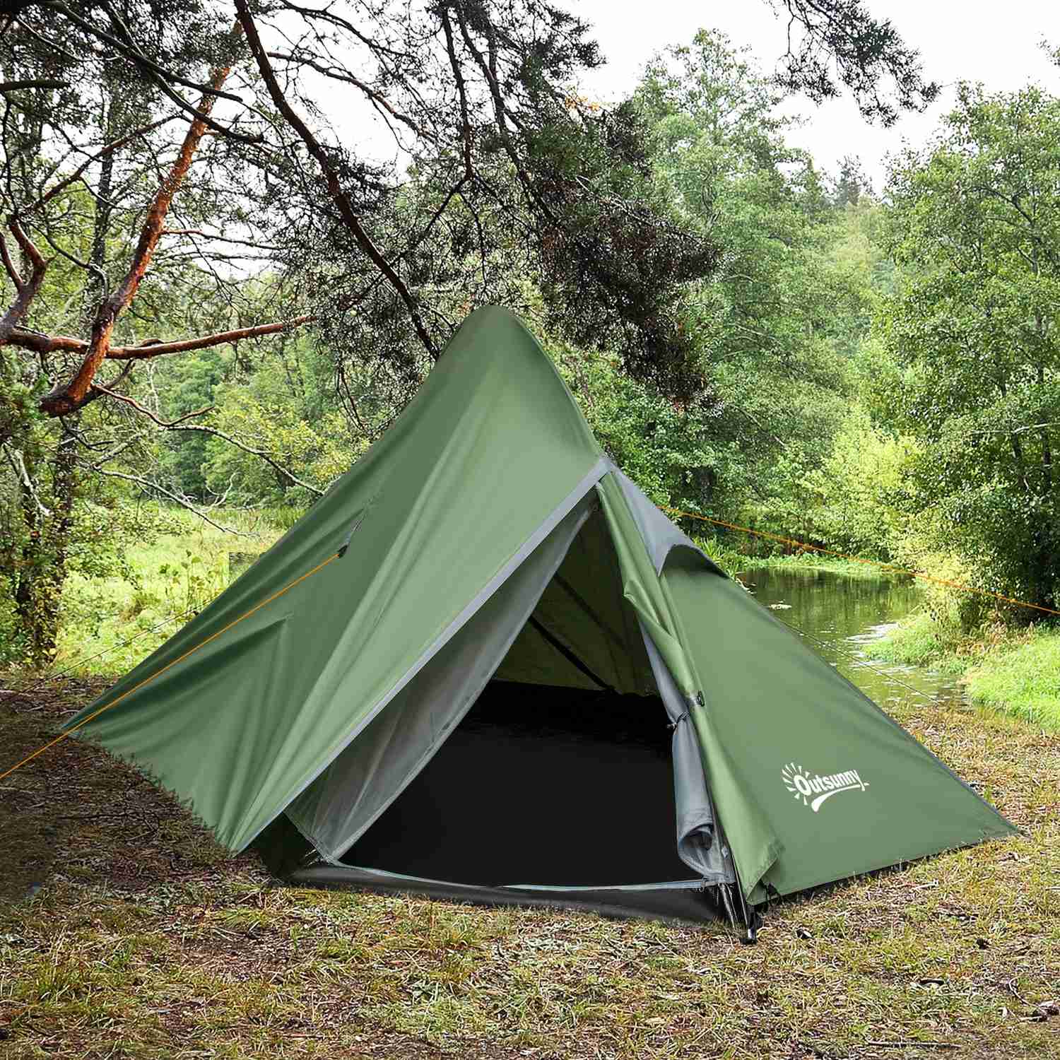 Två-personers campingtält med glasfiberstänger, mörkgrön