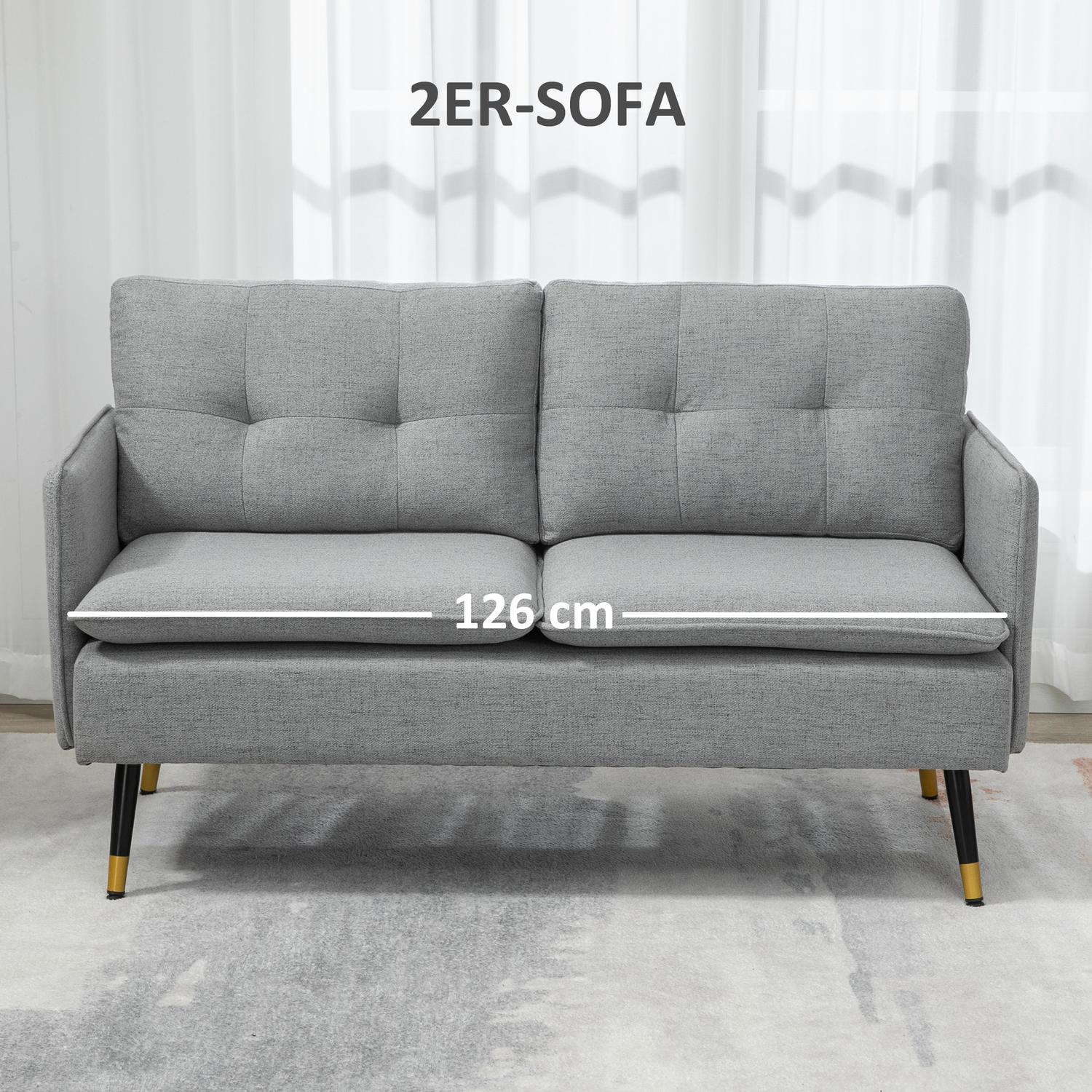 Tvåsits grå soffa med kuddar, linnelook
