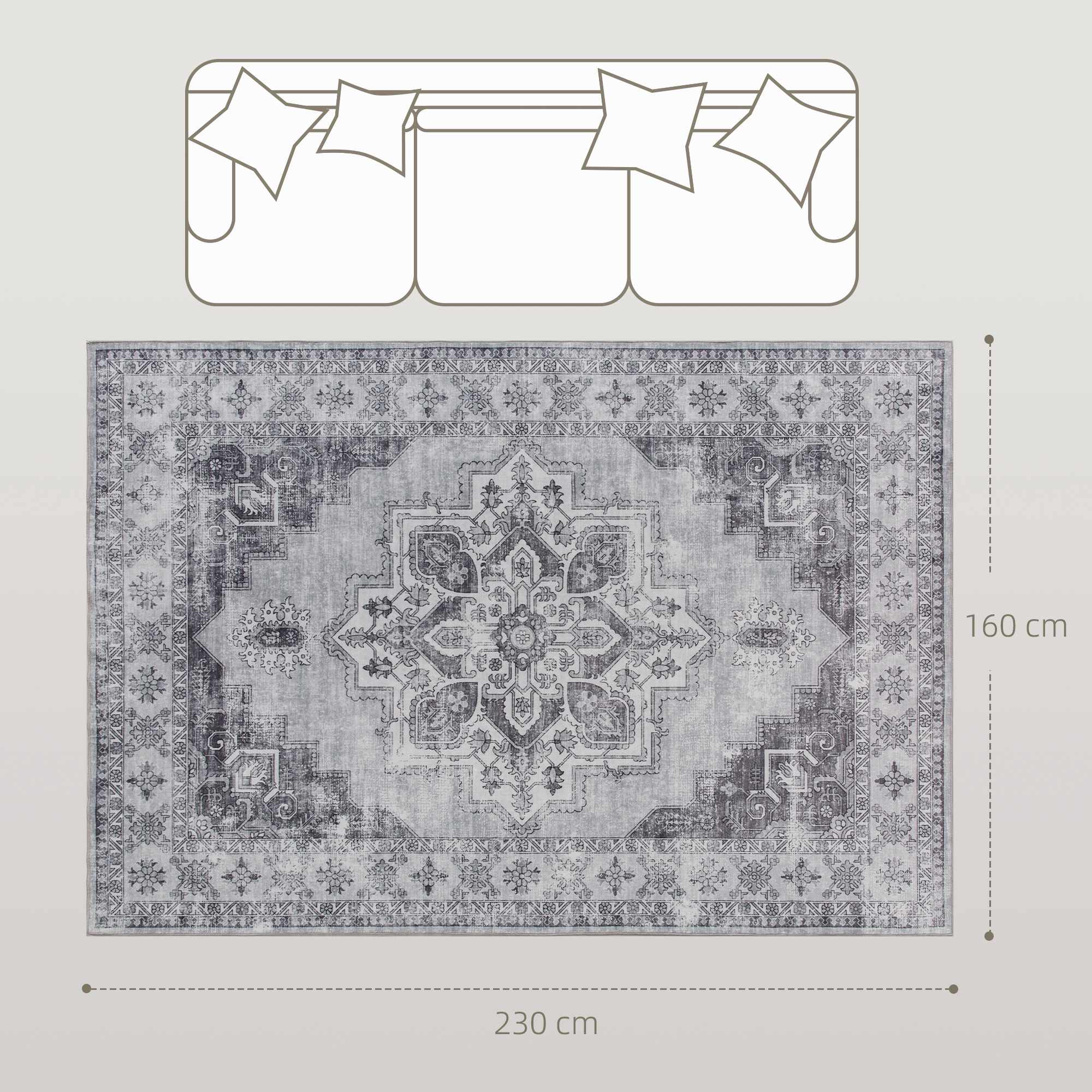 Tvättbar halkfri flanellmatta, 230x160cm, grå