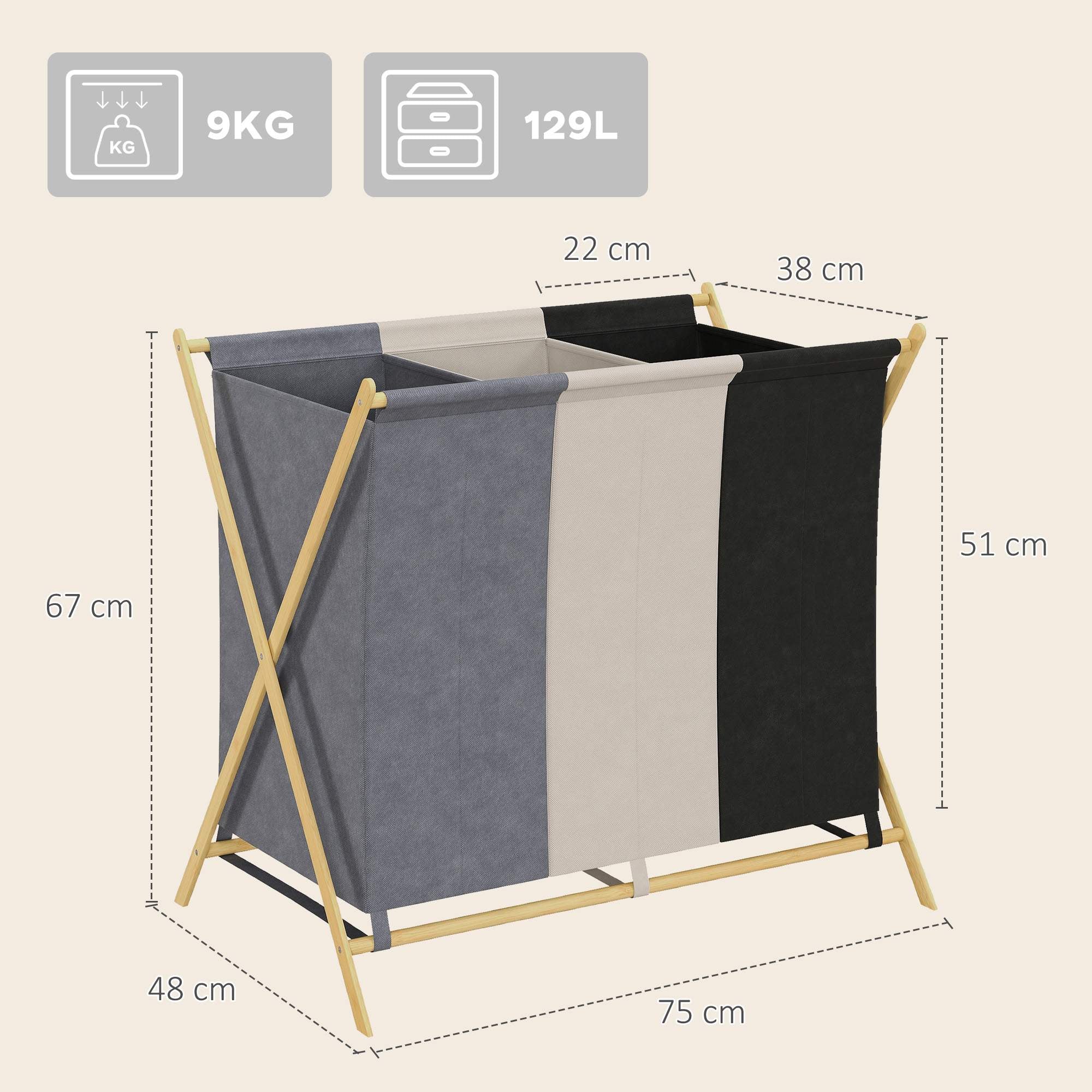 Tvättkorg med 3 fack, 129 liter, hopfällbar, bamburam