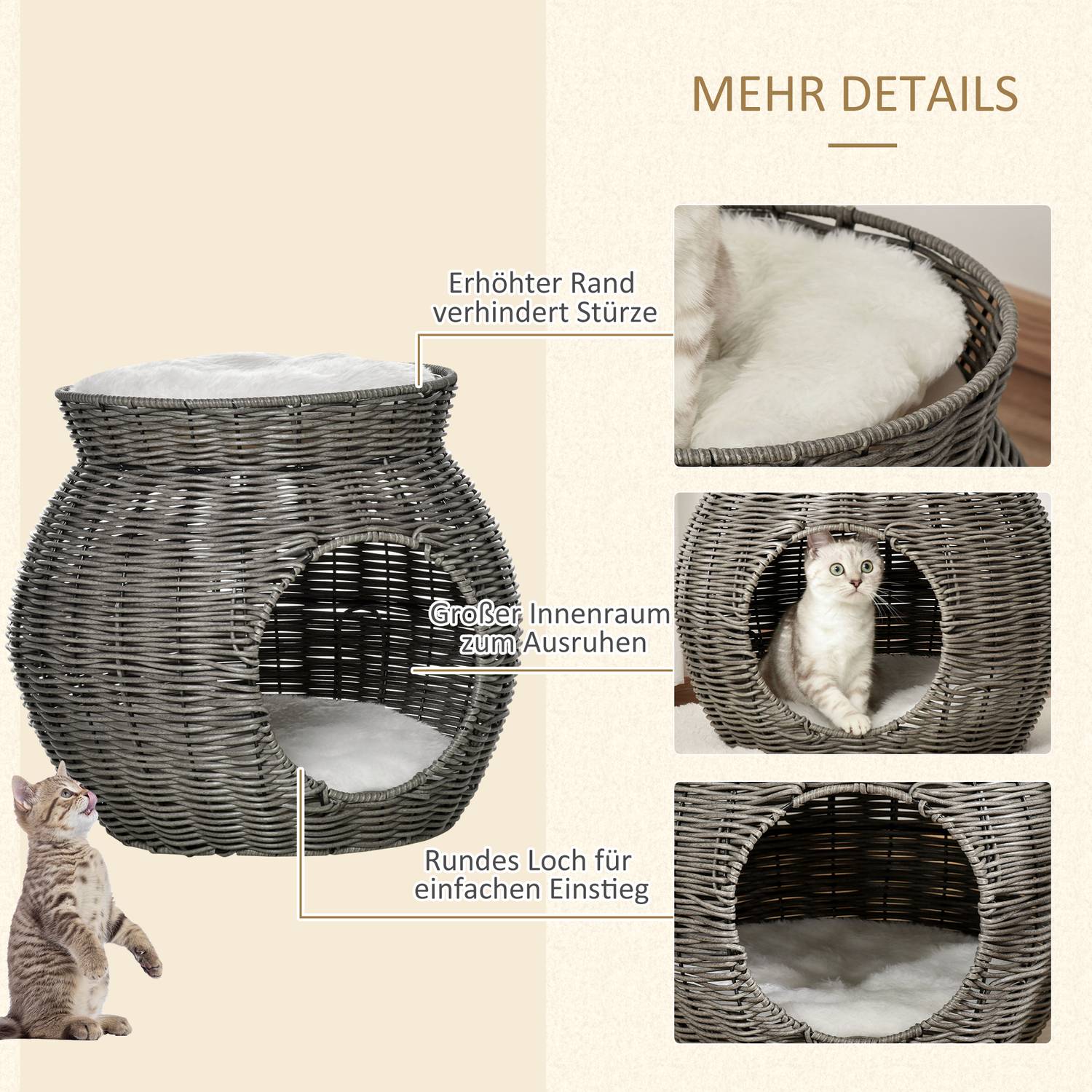 Tvåvånings kattkorg i rotting med kuddar, mörkgrå