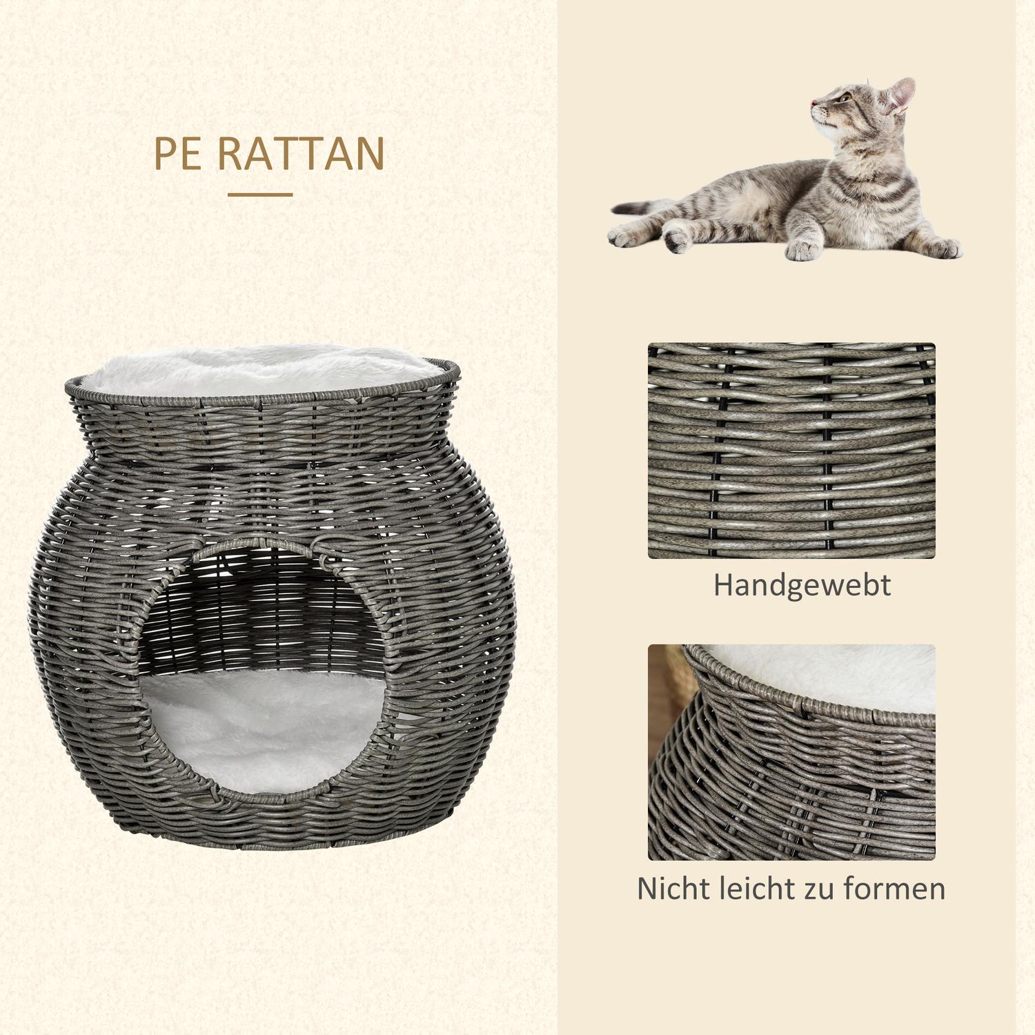 Tvåvånings kattkorg i rotting med kuddar, mörkgrå
