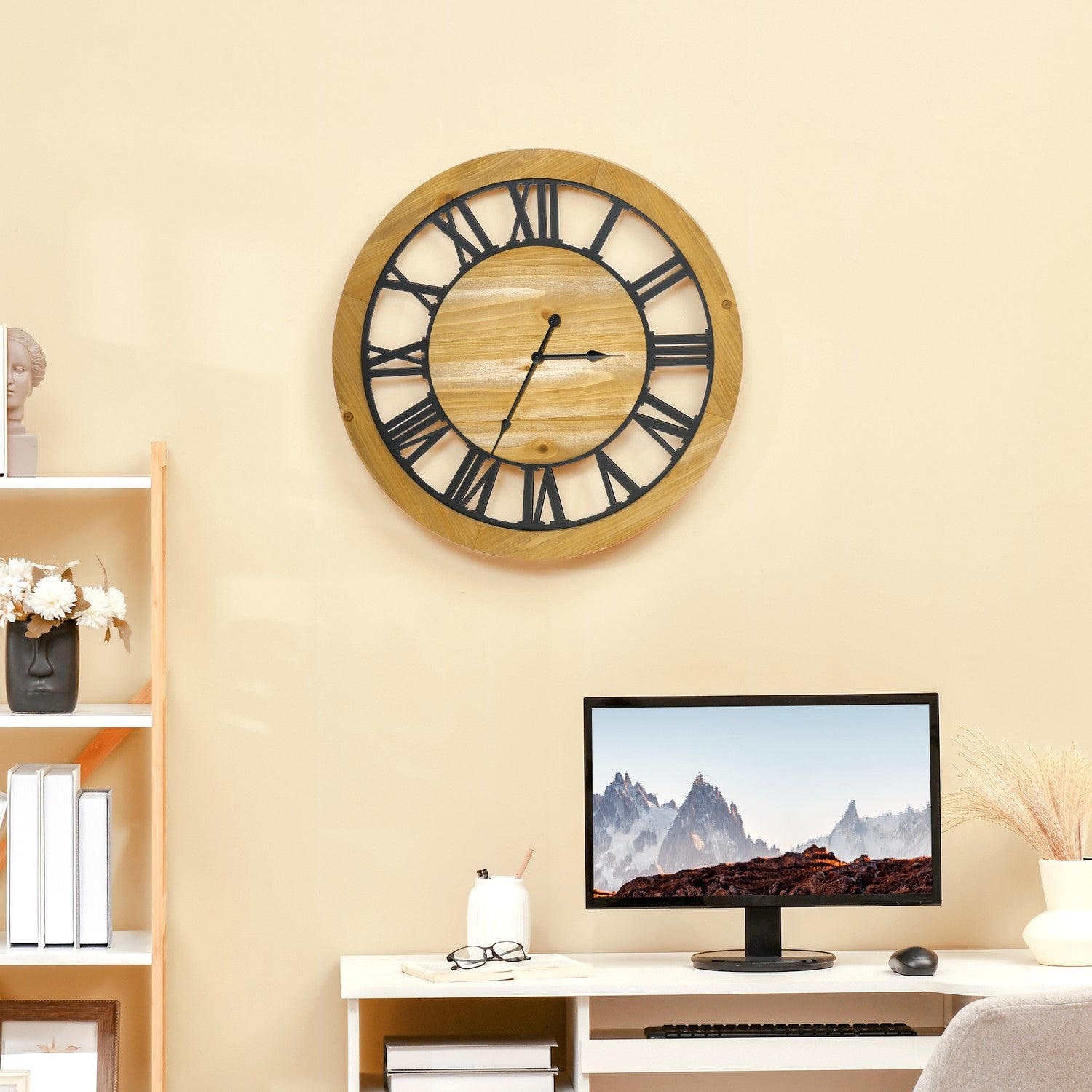 Tyst vintage väggklocka – 60 cm, metall & trä, svart/natur