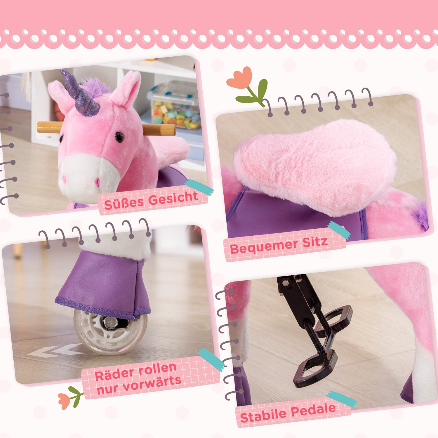 Unicorn gunghäst med vadderad sadel, 4 hjul, rosa