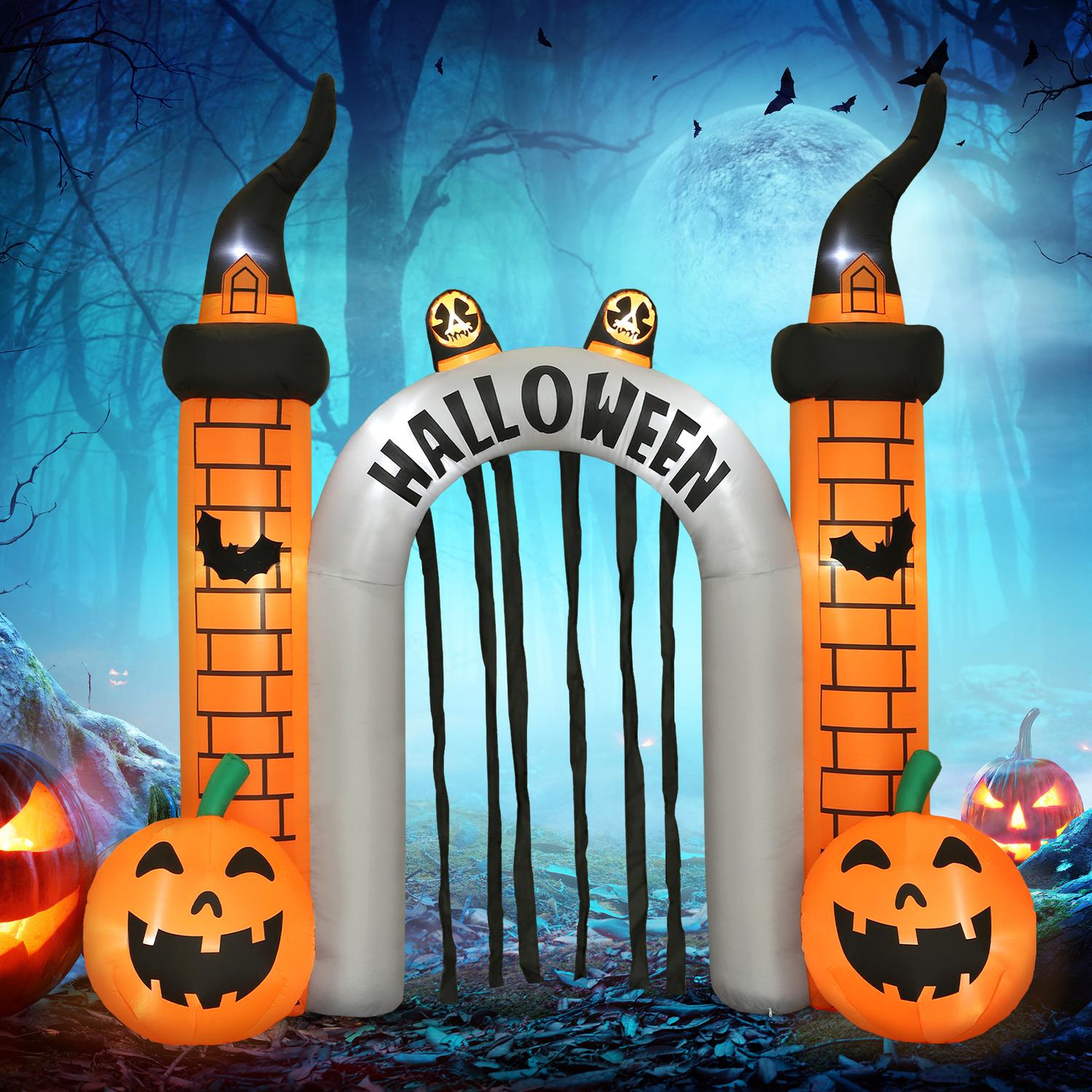 Uppblåsbar Halloween-valv, pumpadesign, lysdioder, pålar
