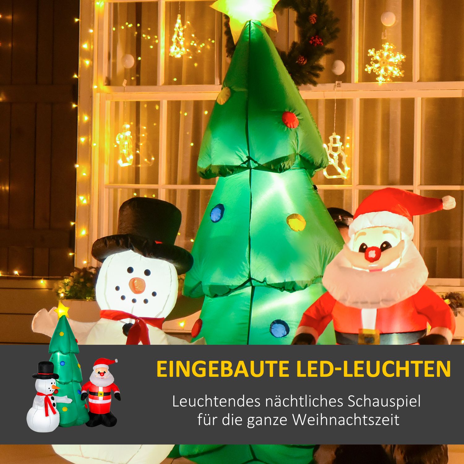 Uppblåsbar LED julgran med snögubbe, 185 cm polyester