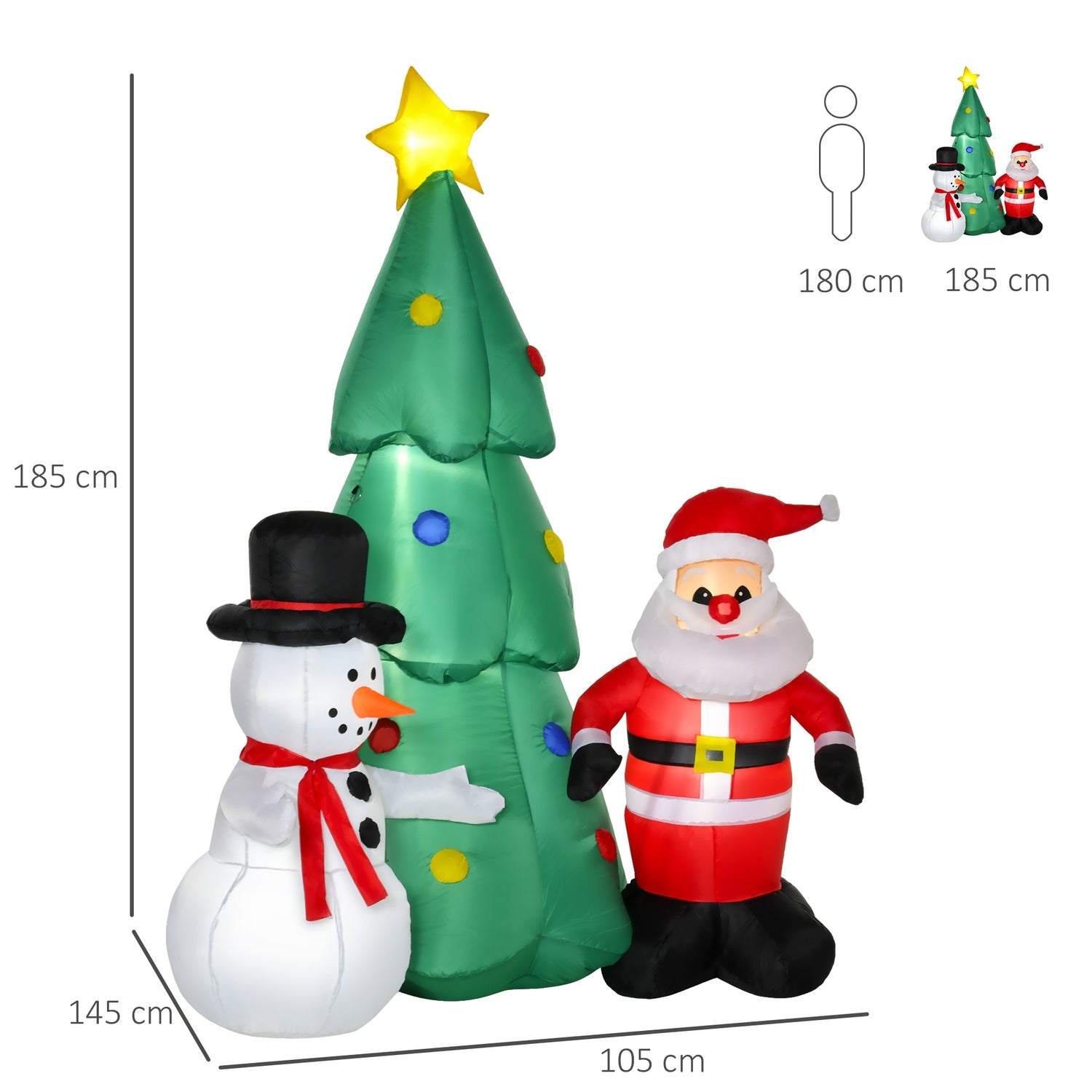 Uppblåsbar LED julgran med snögubbe, 185 cm polyester