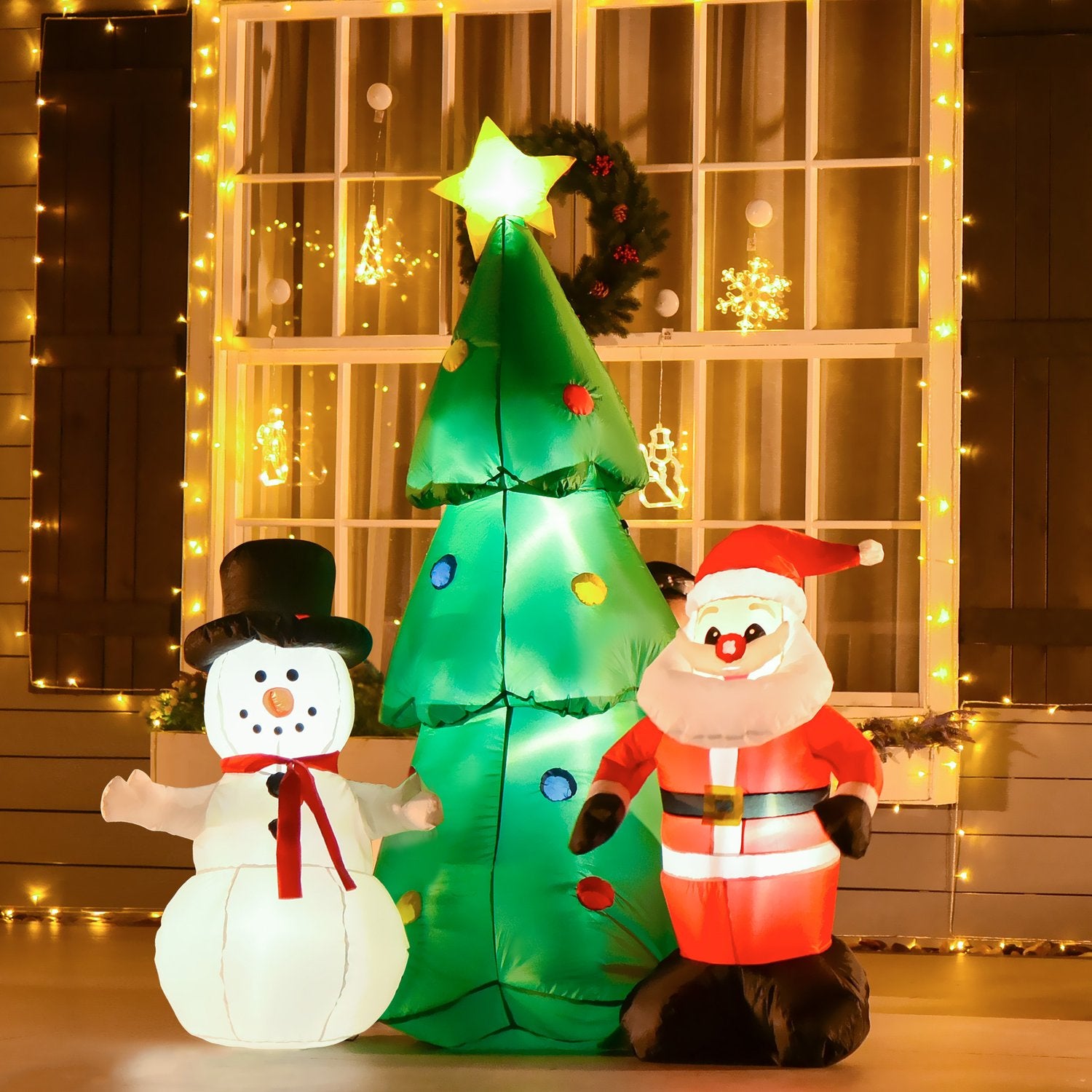 Uppblåsbar LED julgran med snögubbe, 185 cm polyester