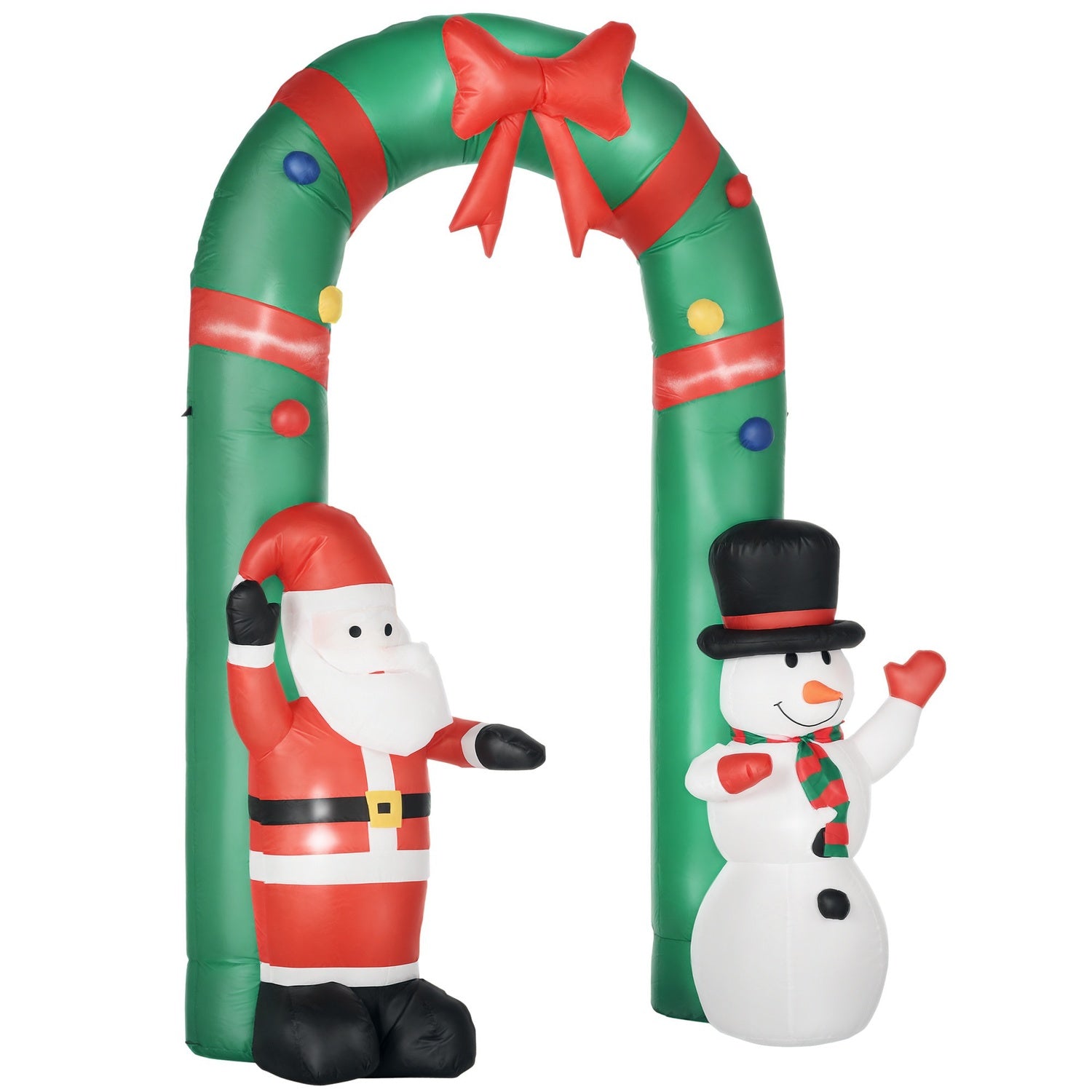 Uppblåsbar julbåge med jultomte, snögubbe och LED-ljus