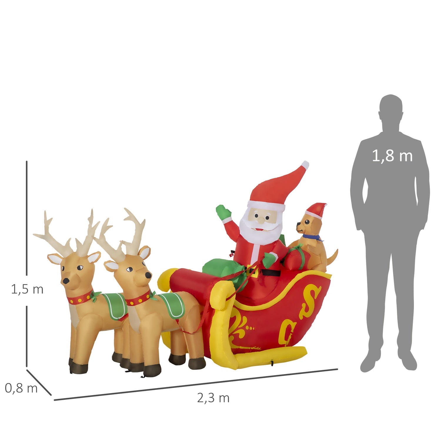 Uppblåsbar jultomte med släde och LED-ljus 230cm