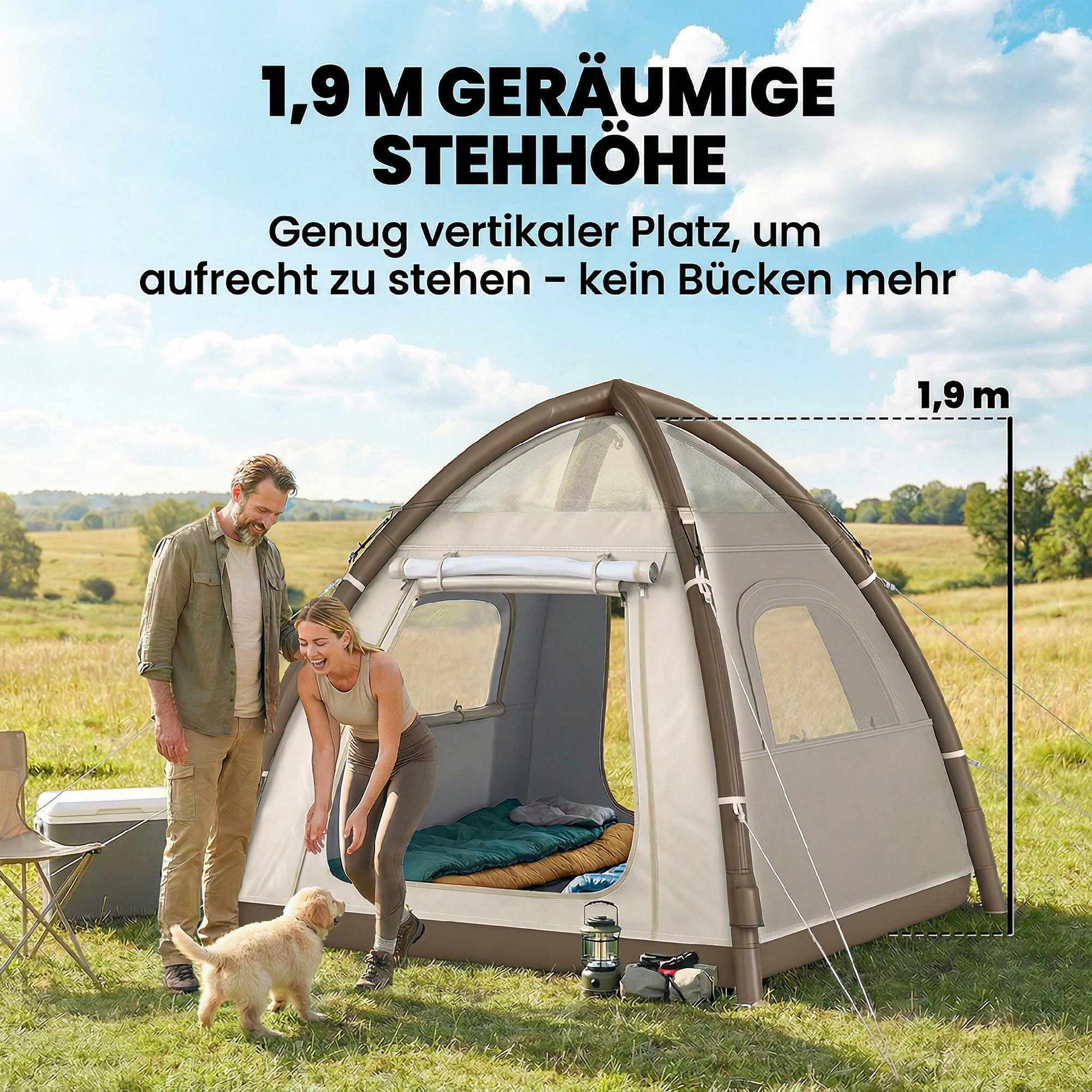 Uppblåsbart campingtält för 3 personer med pump och nättak