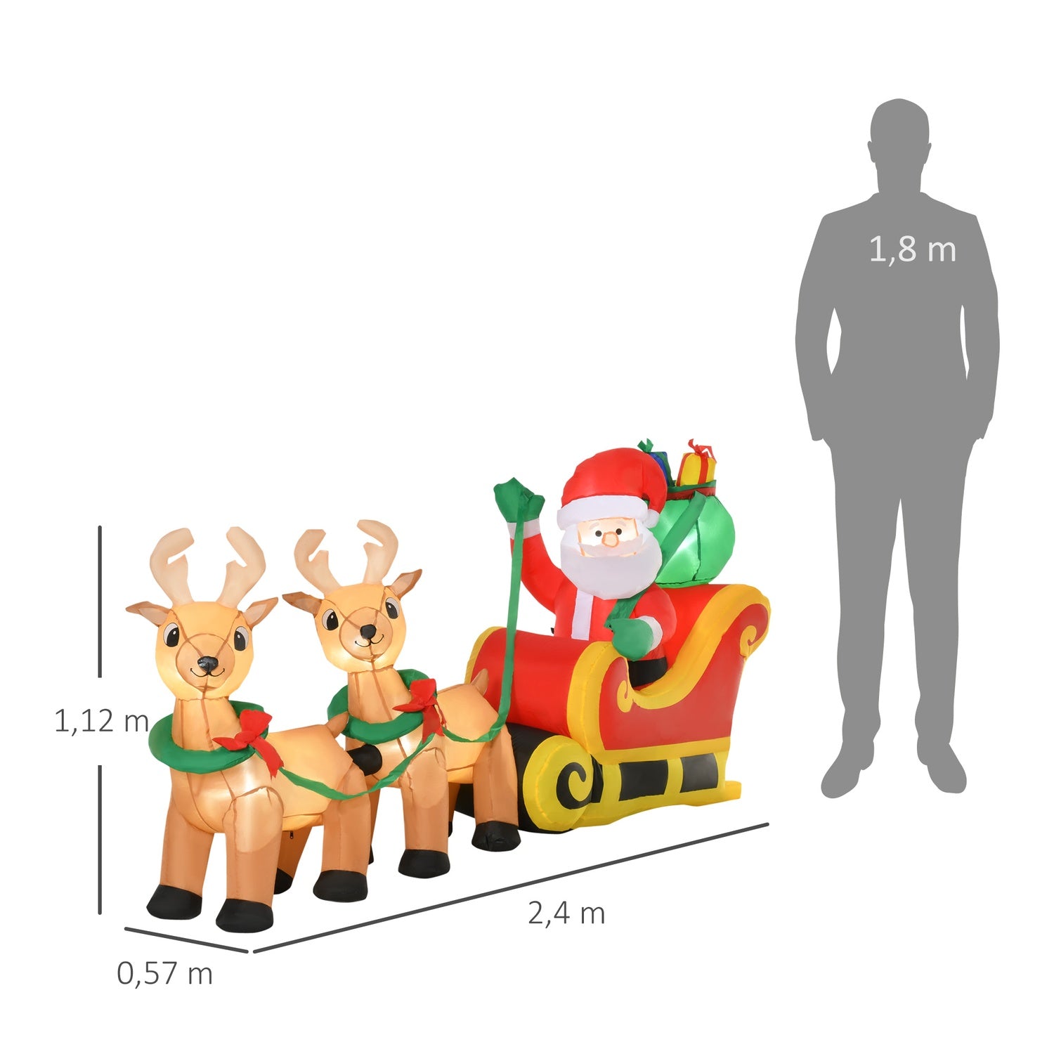 Uppblåsbar tomtesläde med renar, LED-ljus, 240cm