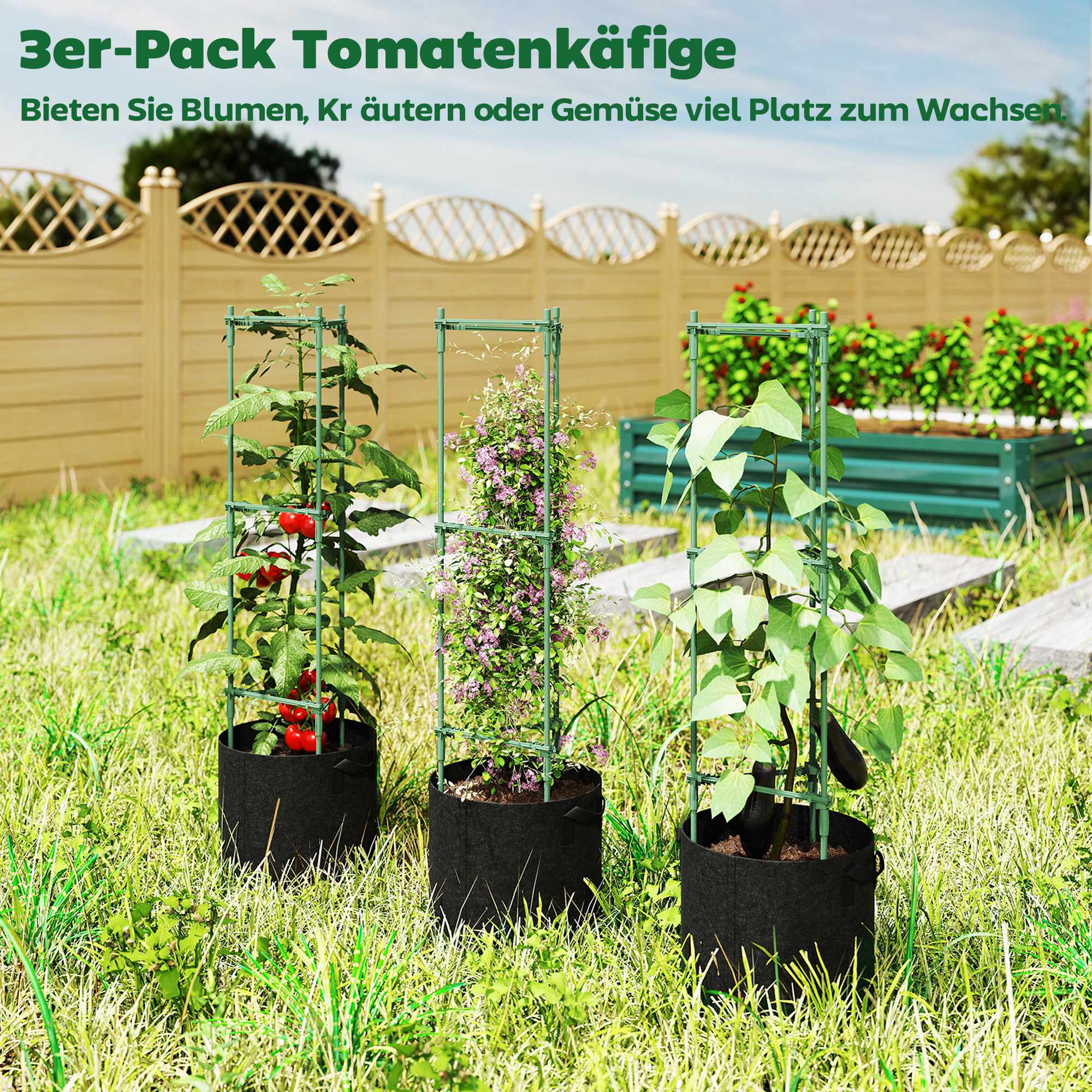Upphöjda odlingsbäddar med spaljé, 3-pack, 83,7 l, 35 x 35 x 120 cm