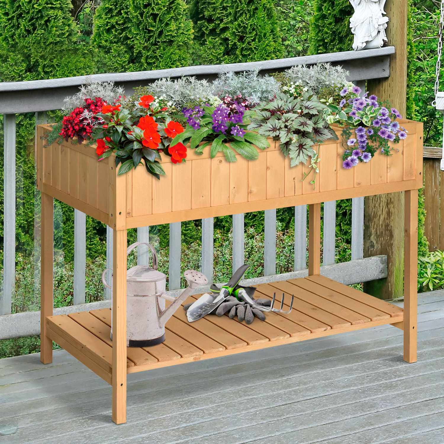 Upphöjd bädd 8 fack planteringsbord blomsterlåda granved 1 hylla + avlopp