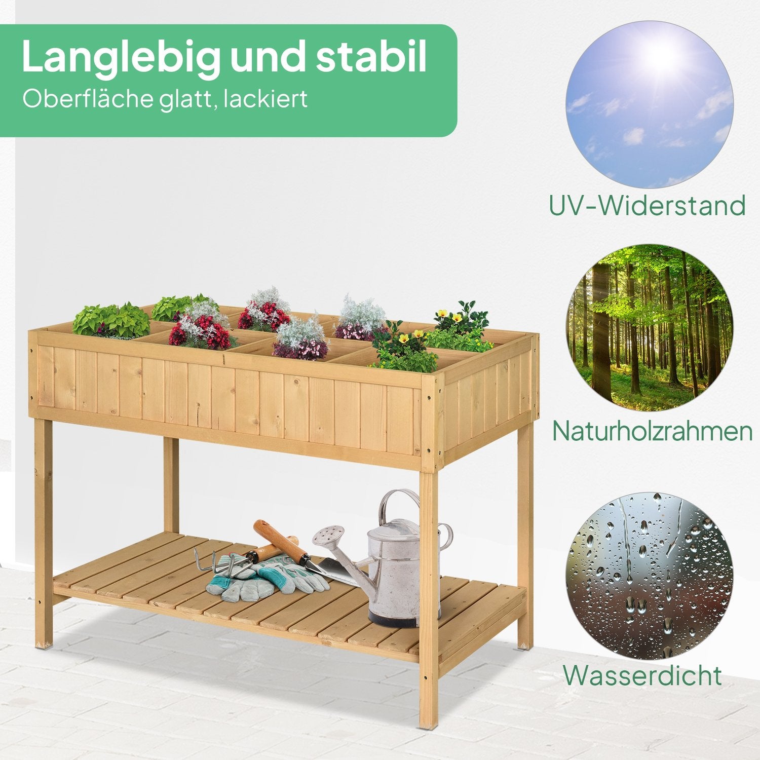 Upphöjd bädd 8 fack planteringsbord blomsterlåda granved 1 hylla + avlopp