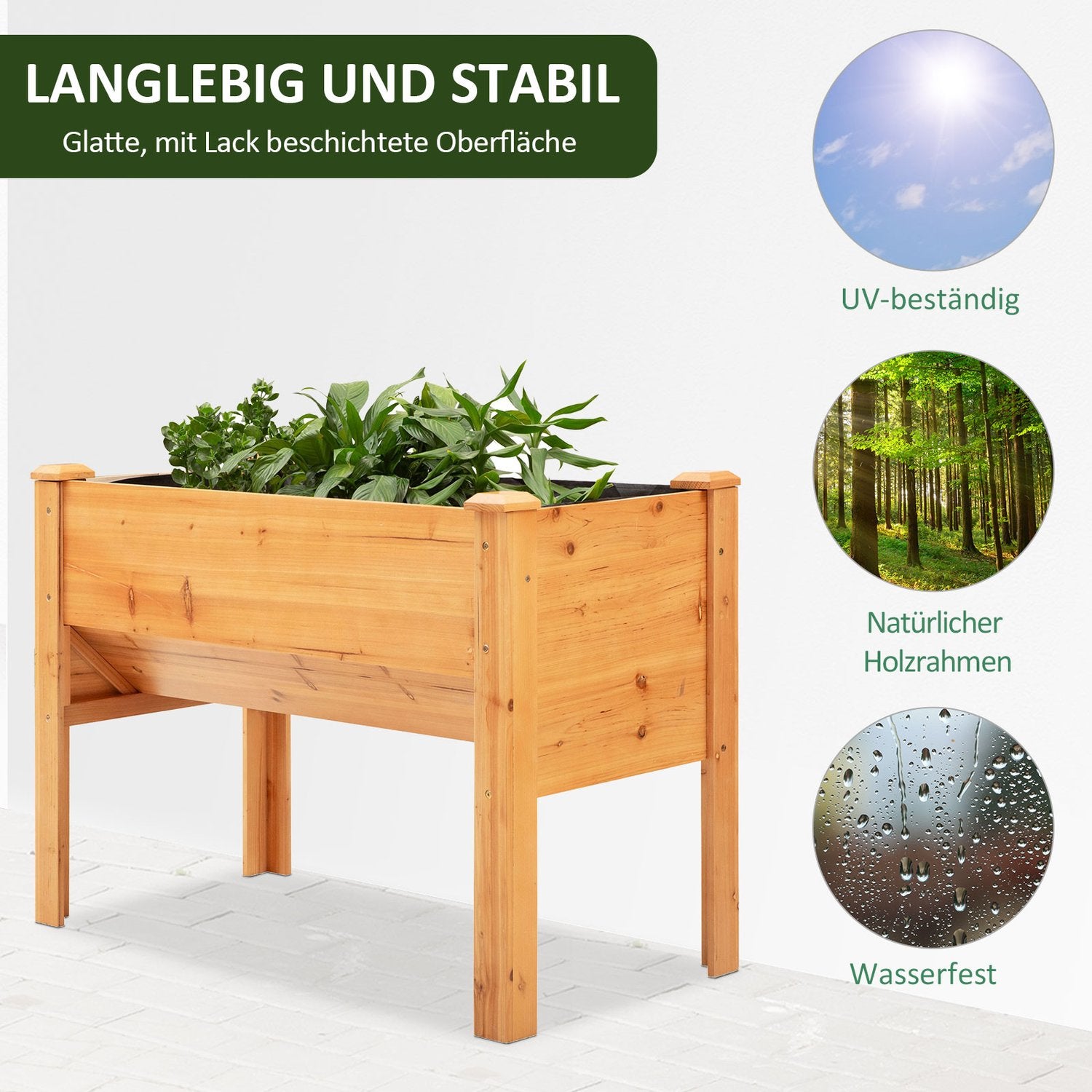 Upphöjd träbädd för örter och blommor, med dränering och krokar