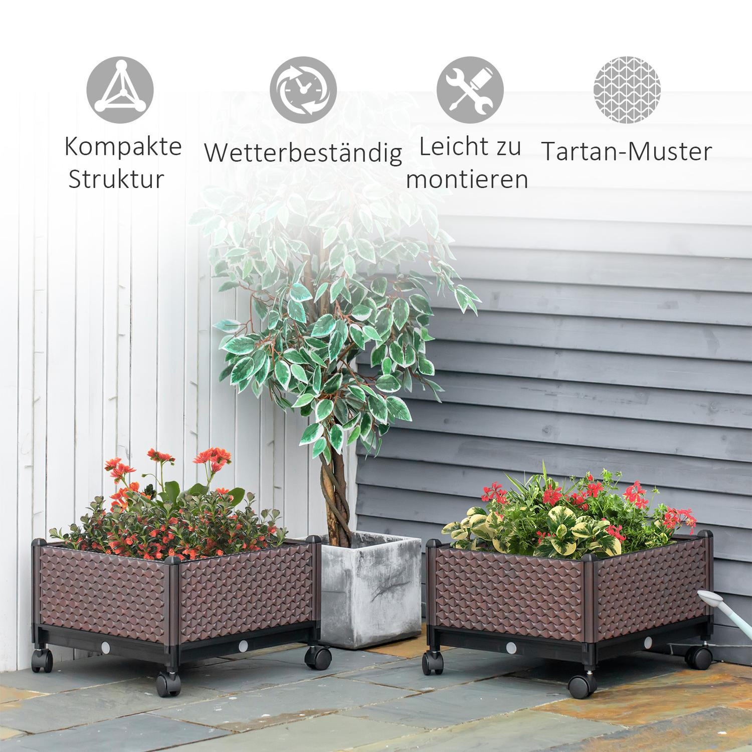 Upphöjd trädgårdssäng med hjul – 2-delad plastsats, brun