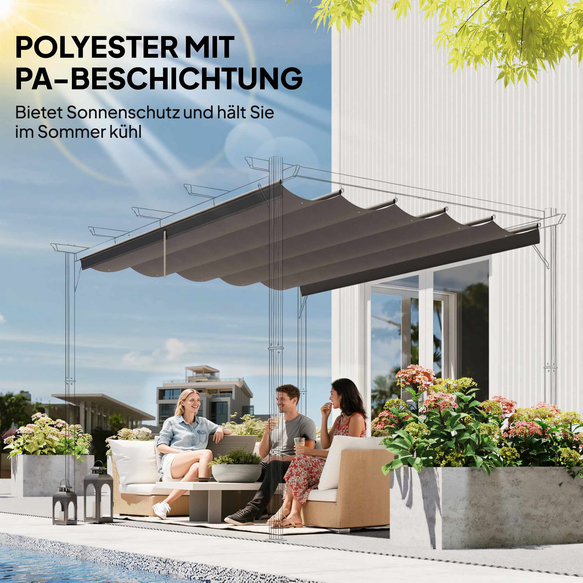 Utdragbar pergolatak 4x3m, väderbeständig, ljusgrå