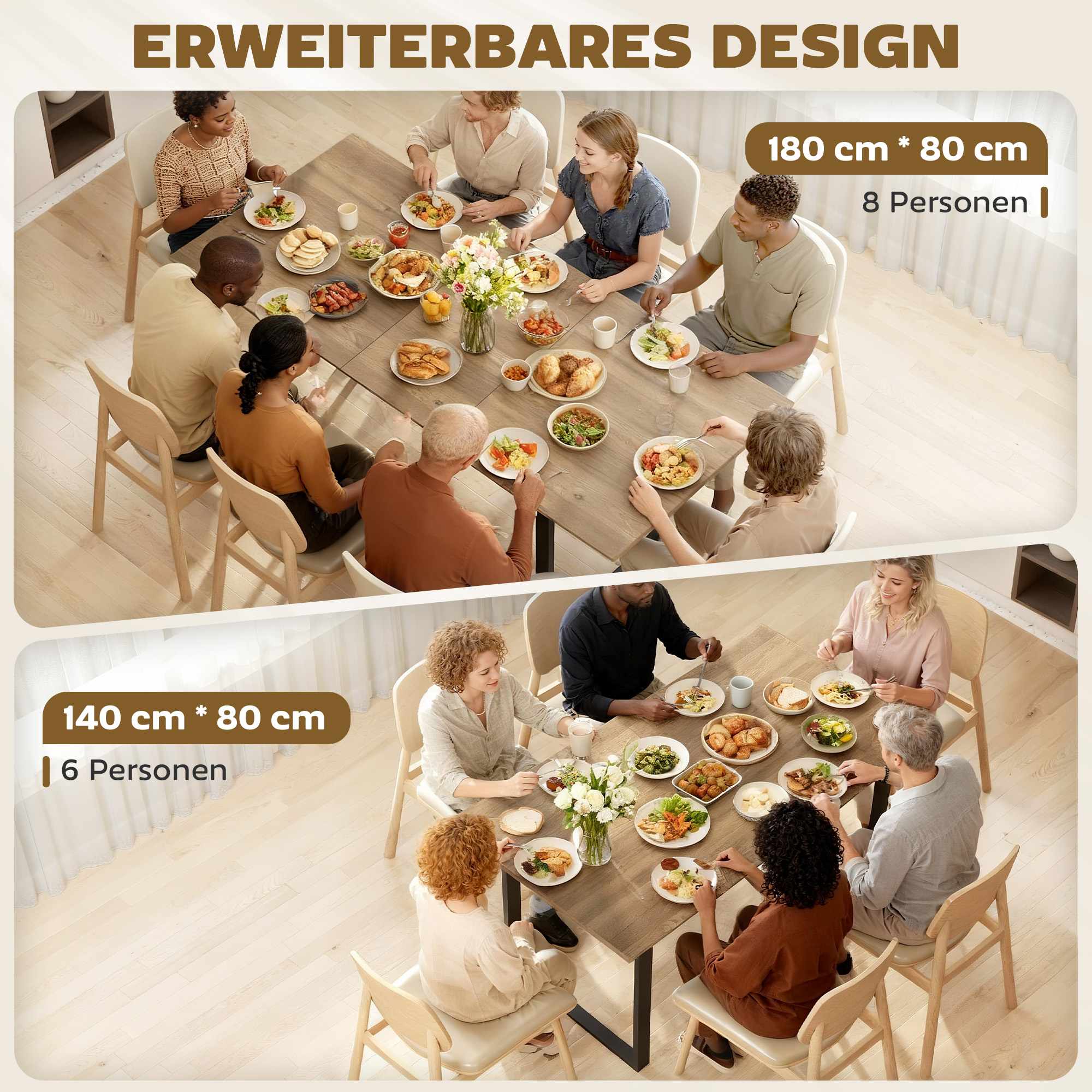 Utdragbart matbord för 6-8 personer, 140-180 cm, trä och stål