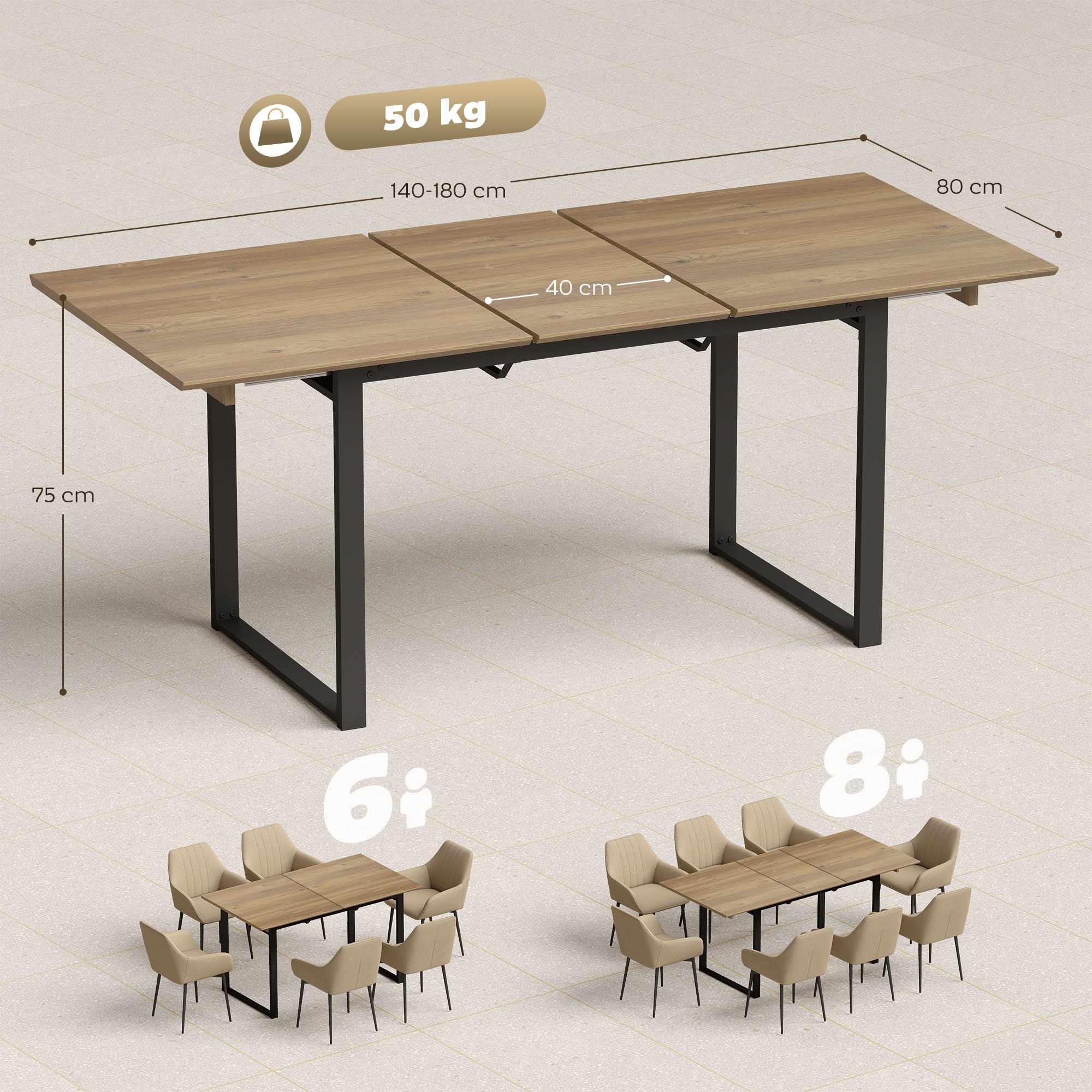 Utdragbart matbord för 6-8 personer, 140-180 cm, trä och stål