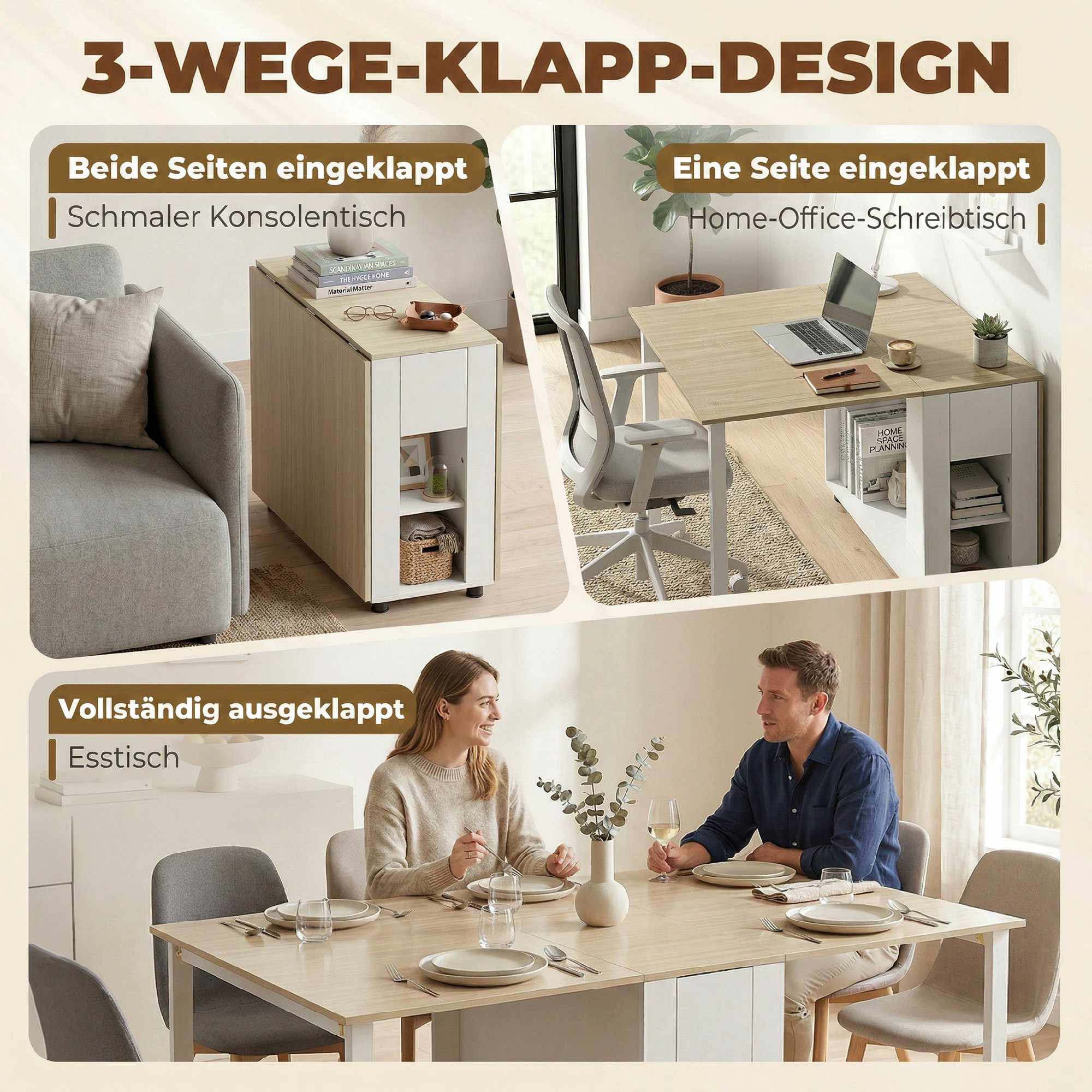 Utdragbart matbord för 6 personer, 168 cm med lådor och hyllor
