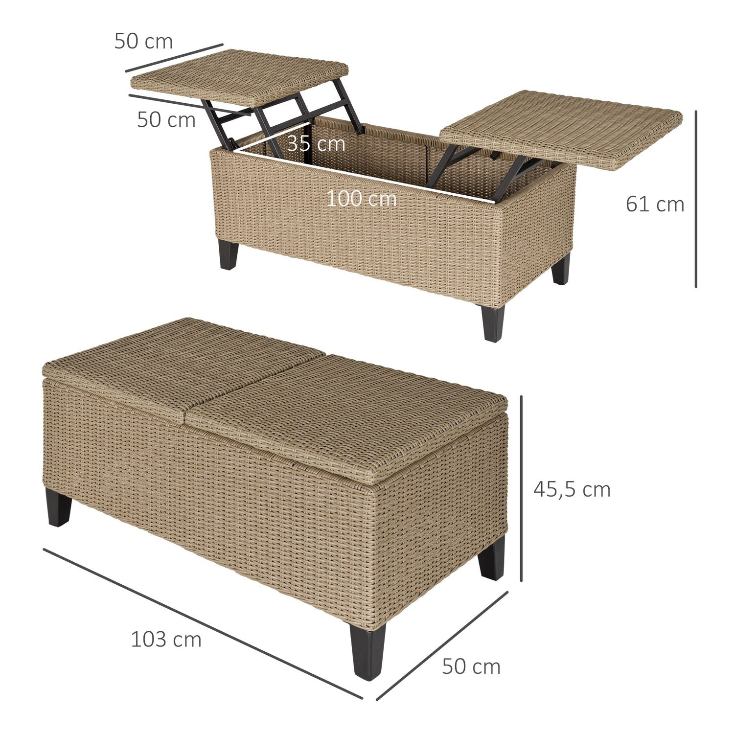 Utdragbart trädgårdssoffbord i polyrattan, khakistål