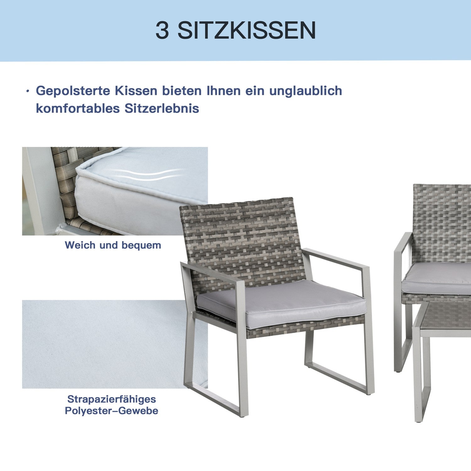 Uteplats i 4 delar, soffa och kuddar, stål och rotting