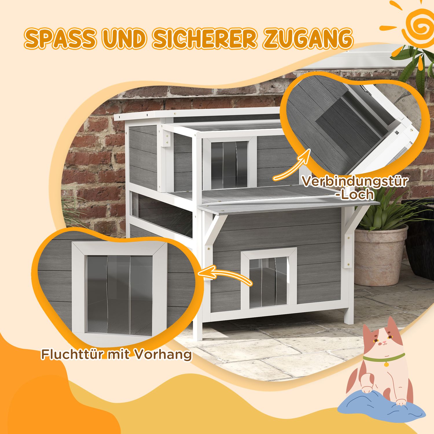 Utomhus Gran Wood Cat House med balkong, 64 x 87 x 76 cm