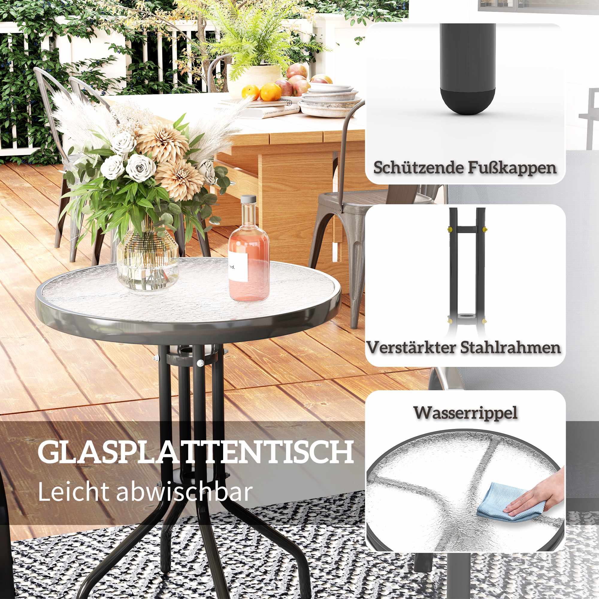 Utomhus bistroset – 3 delar, stapelbara stolar, glasbord