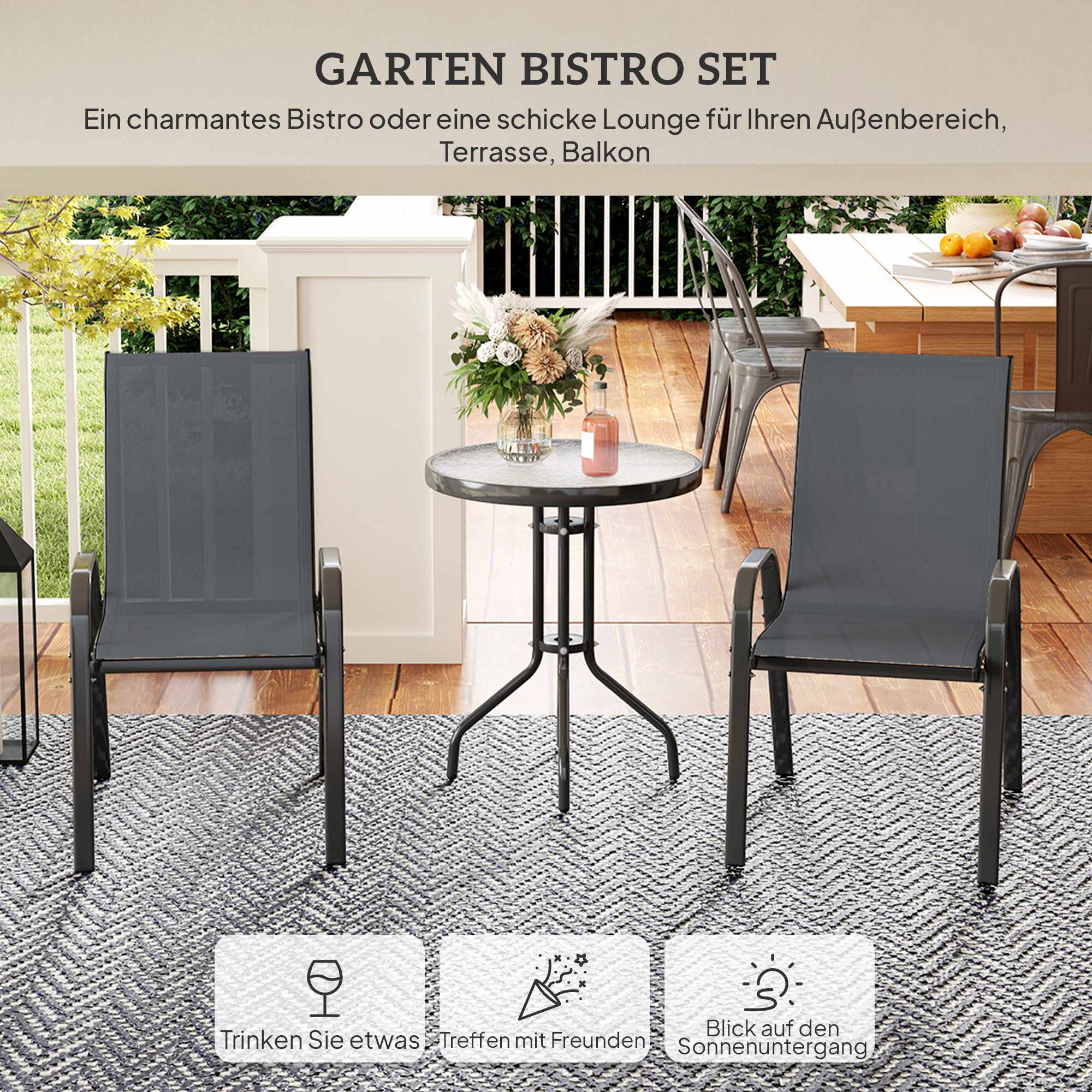 Utomhus bistroset – 3 delar, stapelbara stolar, glasbord