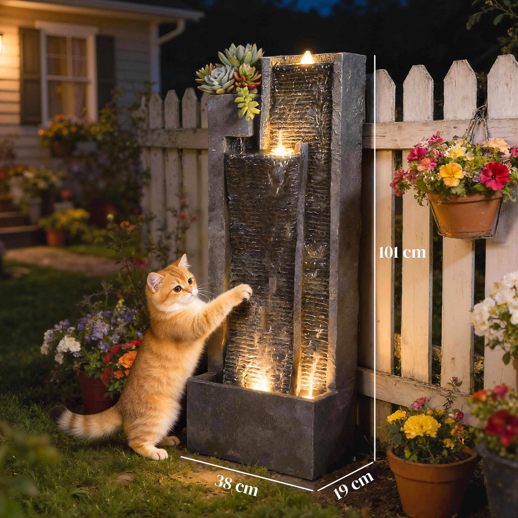 Utomhusfontän i harts med plantering och LED-lampor