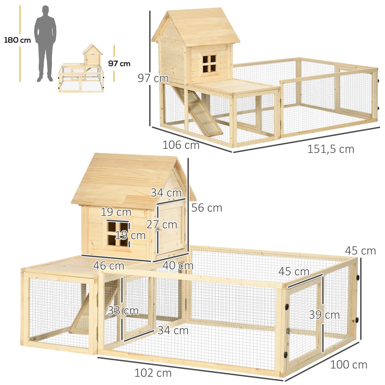 Utomhus kaninhydda i trä med ramp – 151,5x106x97cm