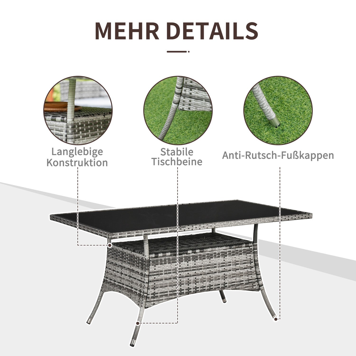 Utomhusmatbord, Glasskiva, Polyrattan, 150x85x74 cm