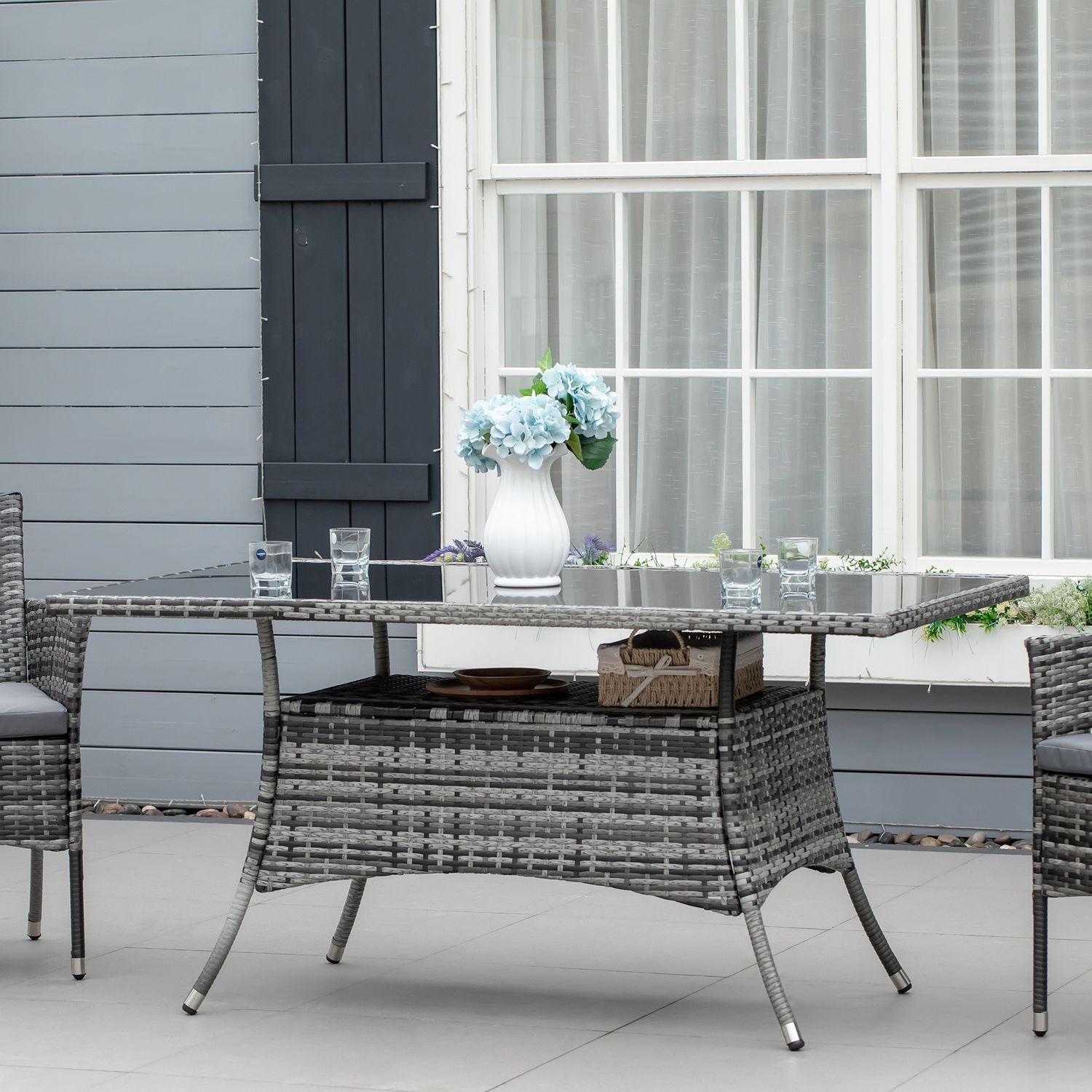 Utomhusmatbord, Glasskiva, Polyrattan, 150x85x74 cm