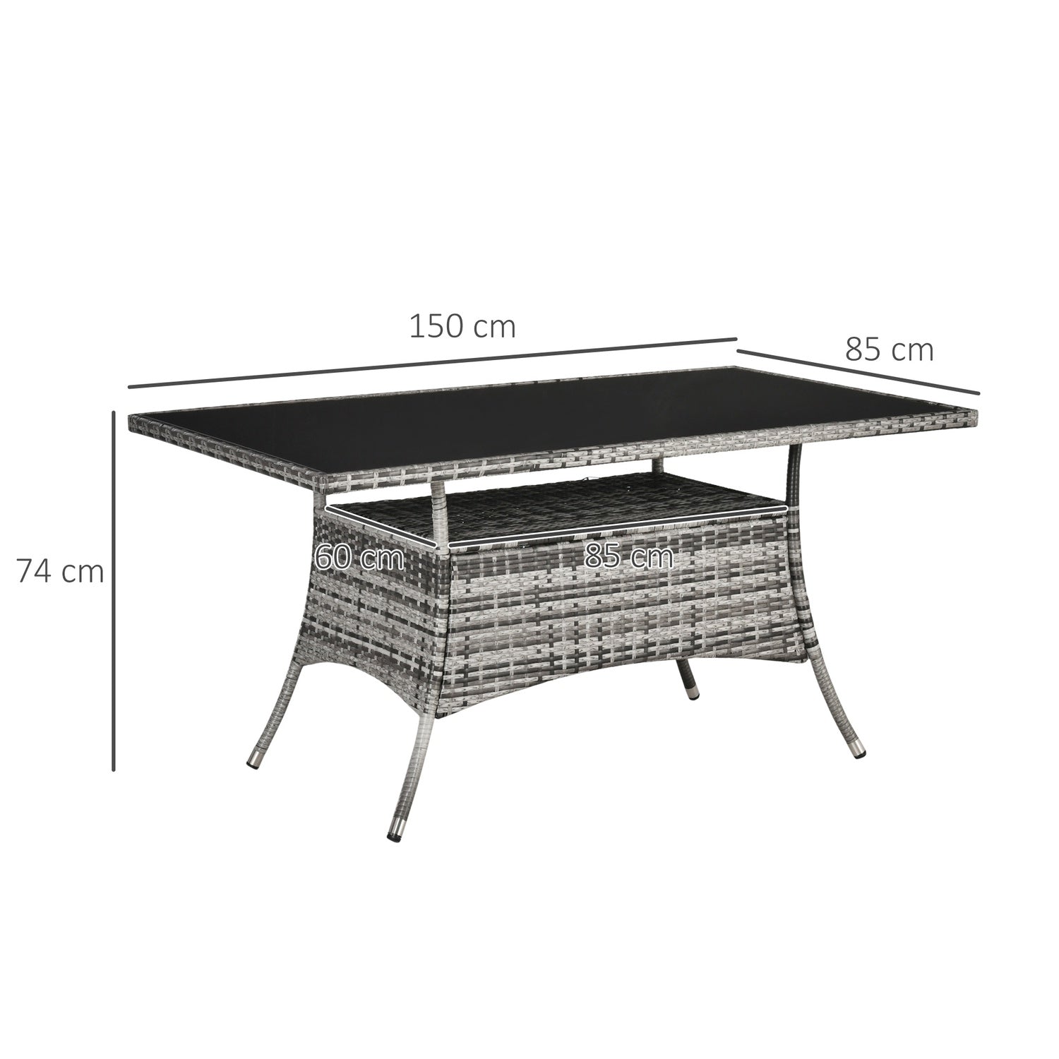 Utomhusmatbord, Glasskiva, Polyrattan, 150x85x74 cm