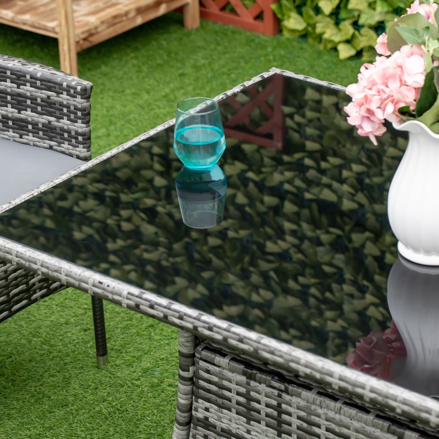 Utomhusmatbord, Glasskiva, Polyrattan, 150x85x74 cm