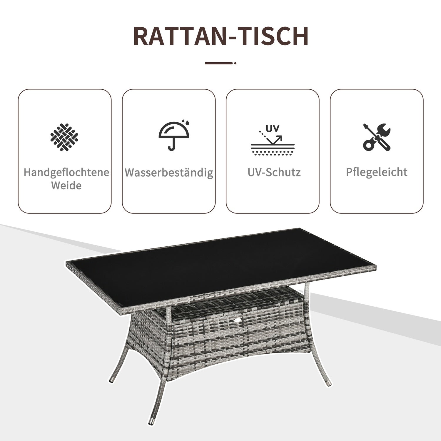 Utomhusmatbord, Glasskiva, Polyrattan, 150x85x74 cm