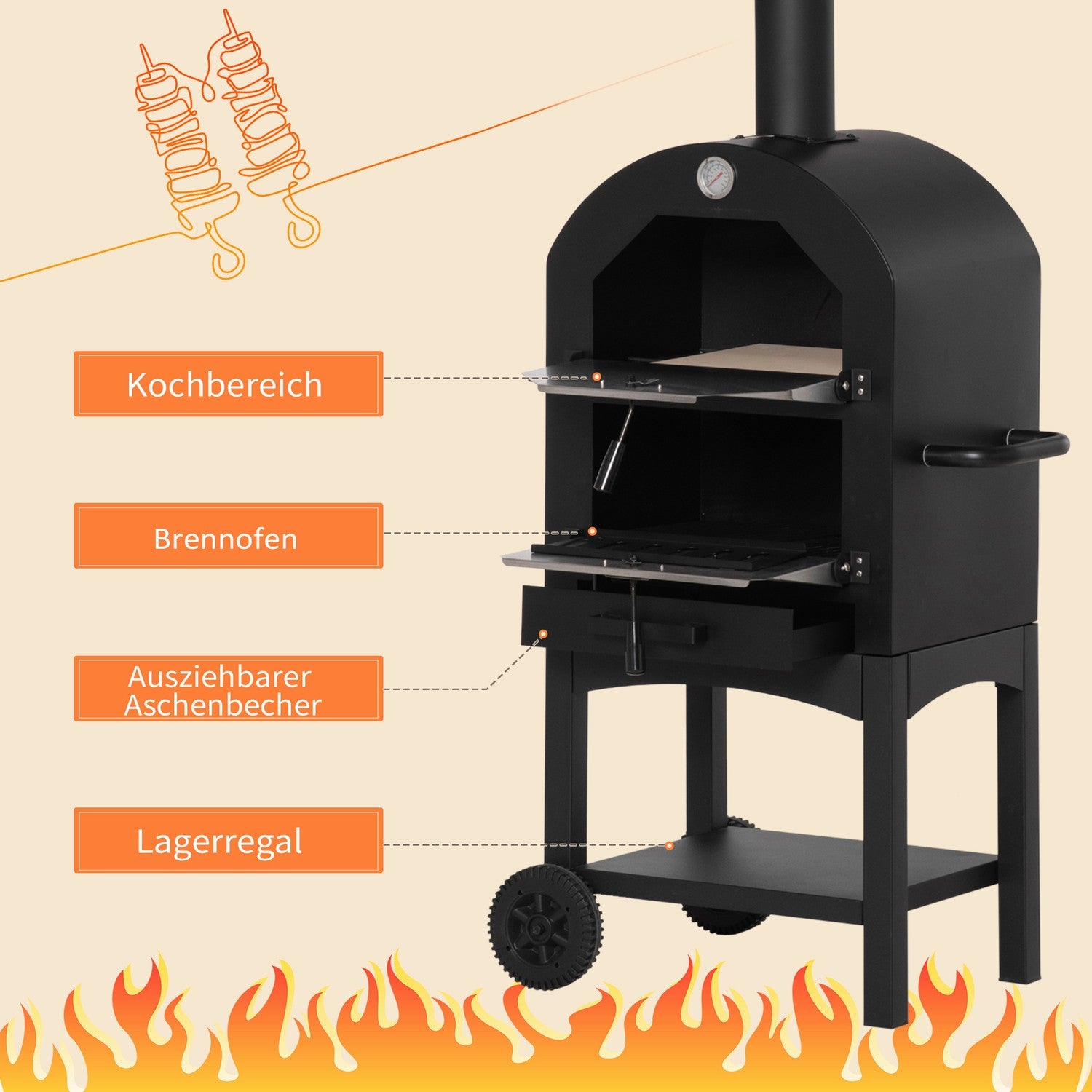 Utomhus pizzaugn med hjul – vedeldad, 3-vånings