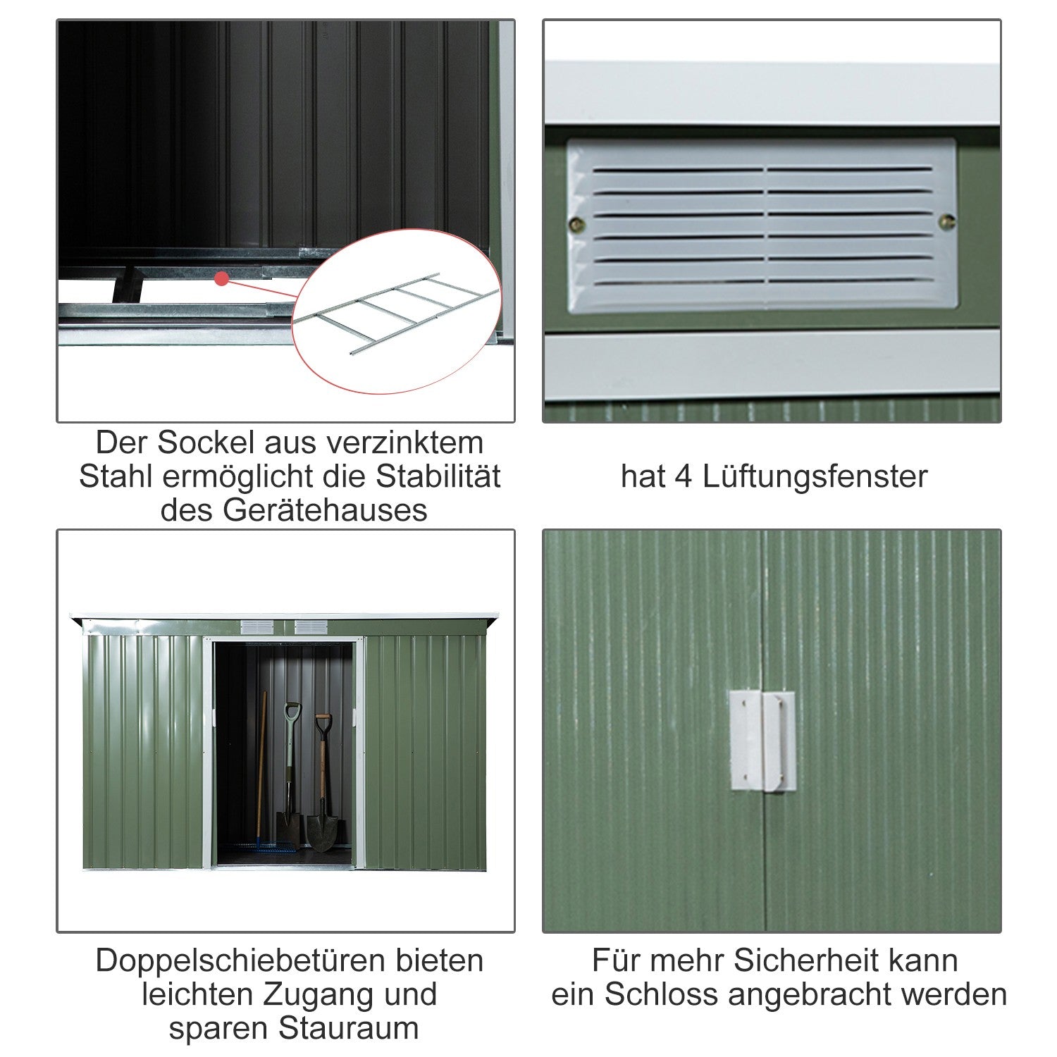 Utomhusstål trädgårdsskjul, skjutdörr, ventilationsfönster