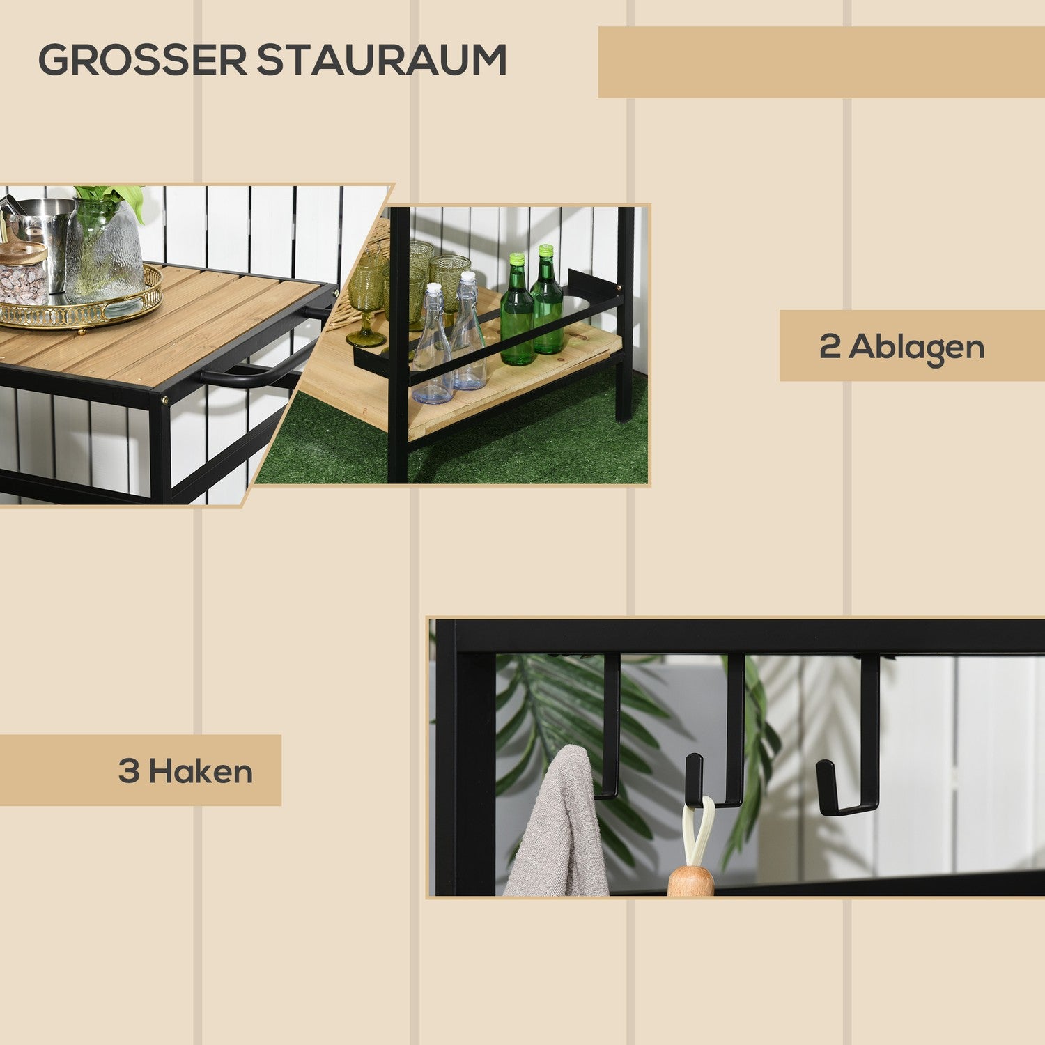 Utomhusvagn med hyllor och krokar – 107 x 65 x 80 cm