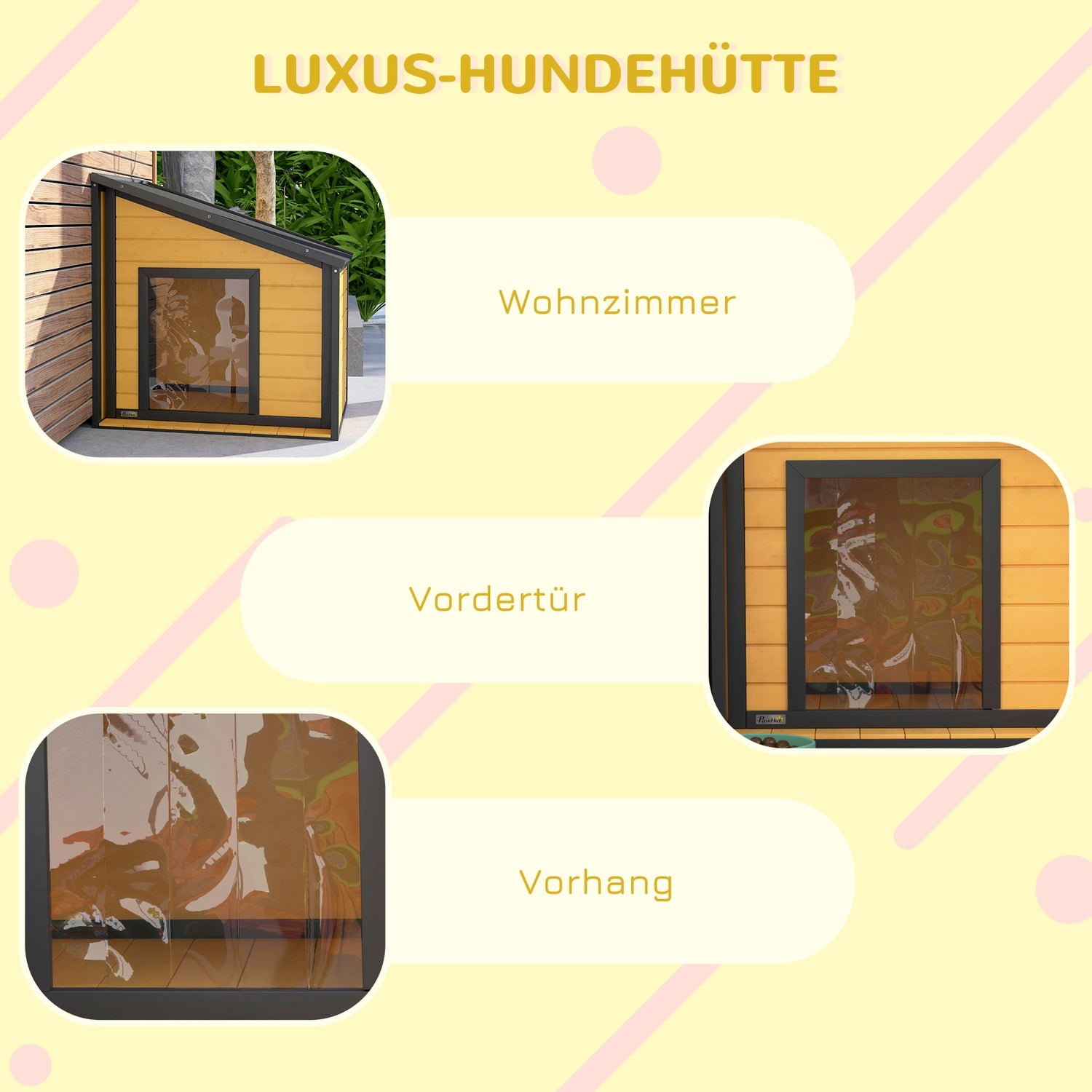 Utomhus väderbeständigt trähundhus med tak och gardin