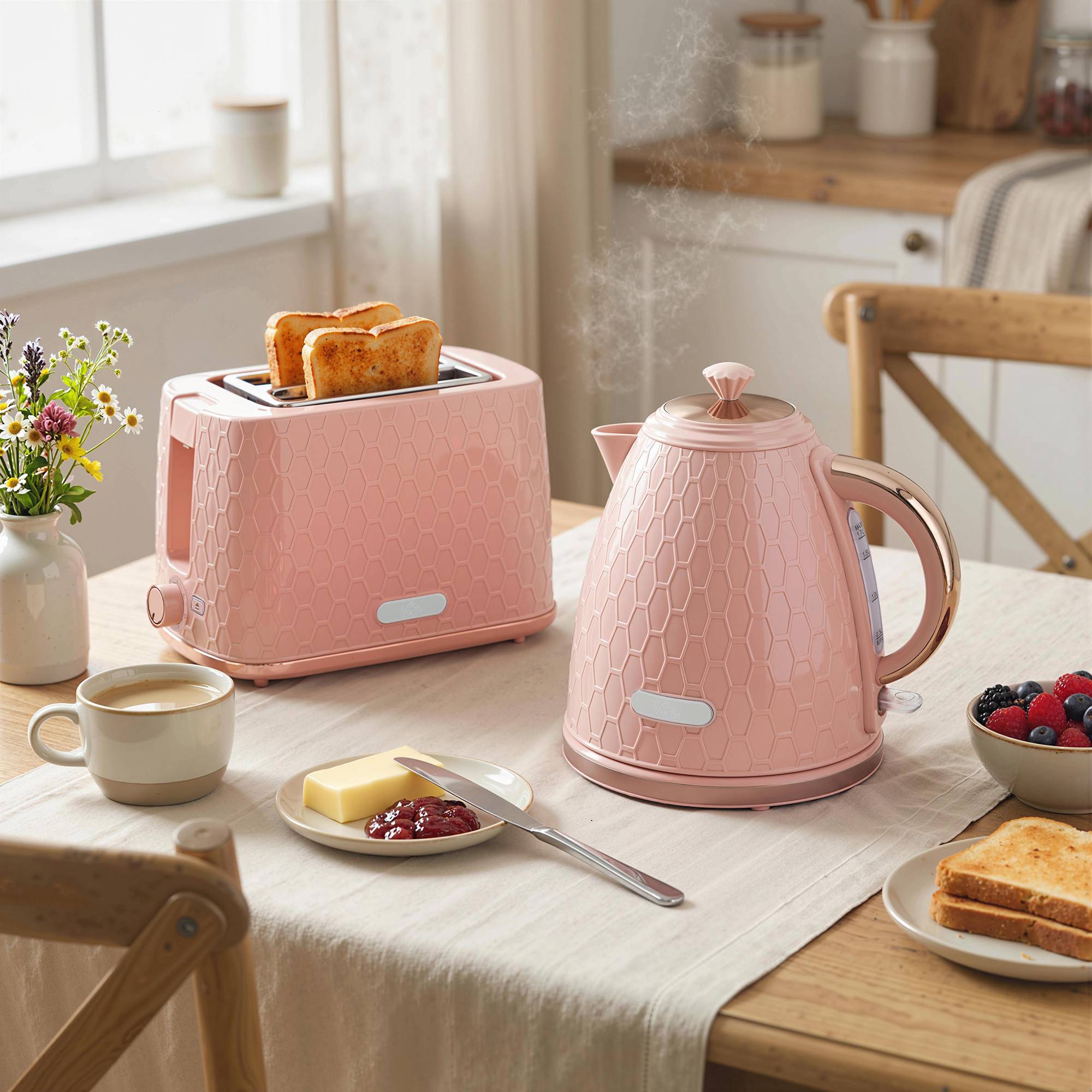 Vattenkokare och brödrostset, 1,7 l snabbkokning, 2 skivor, rosa