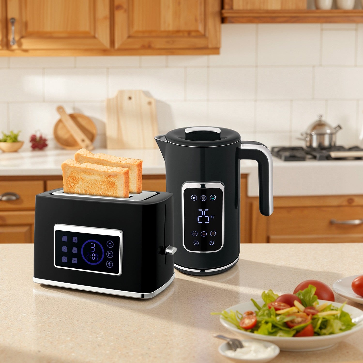 Vattenkokare och brödrostset, LED-touch, 1,7 l, 2 fack, svart