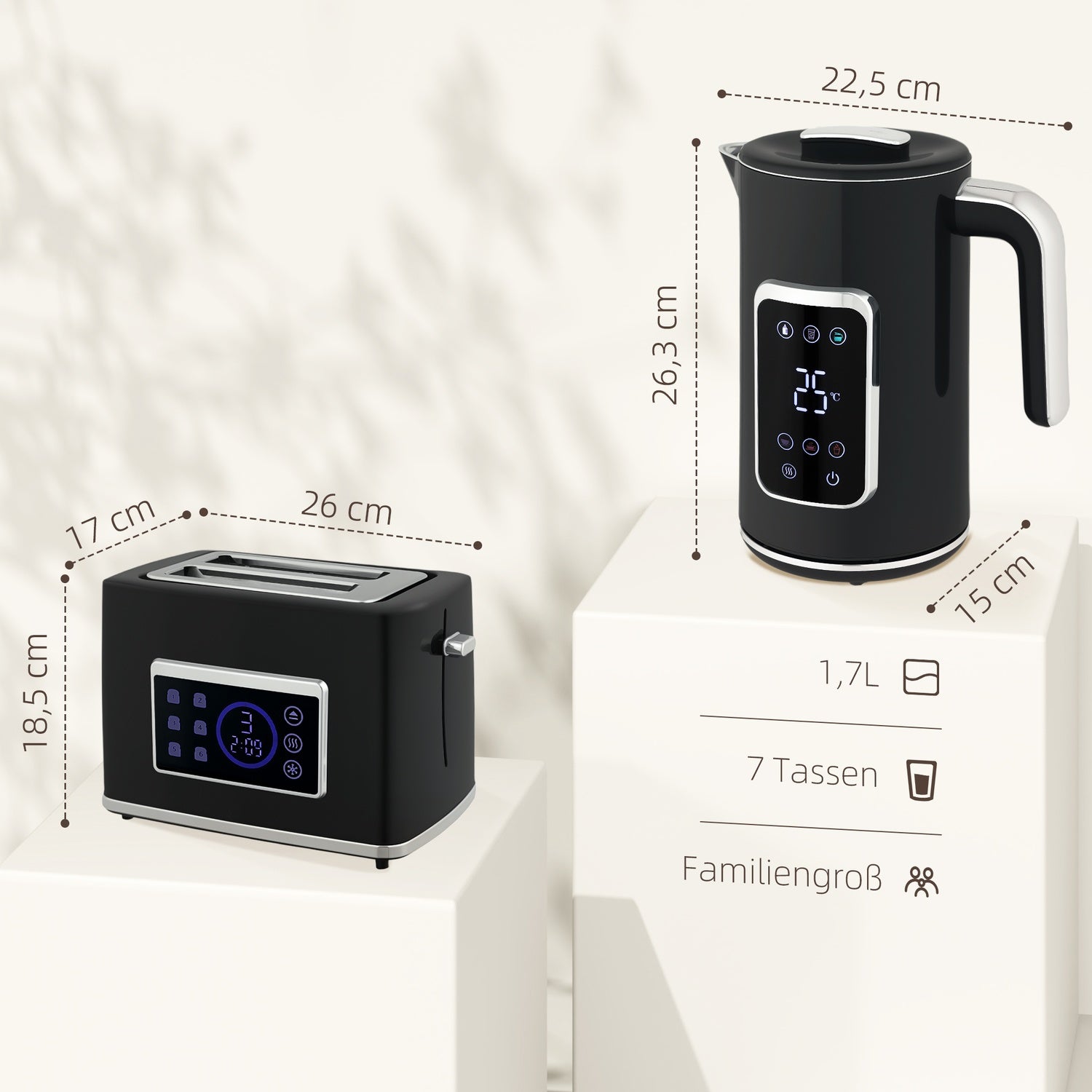 Vattenkokare och brödrostset, LED-touch, 1,7 l, 2 fack, svart