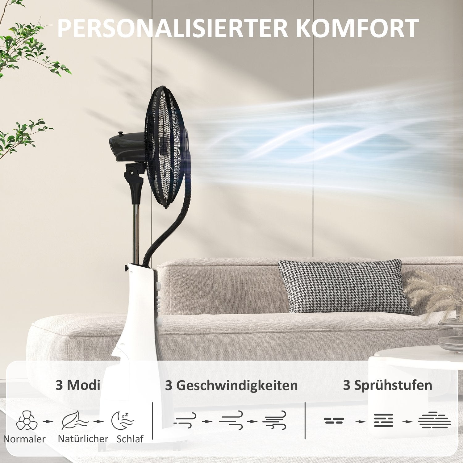 Chladicí ventilátor s mlžením, dálkovým ovládáním a nádrží 3 l, 90 W, 125 cm